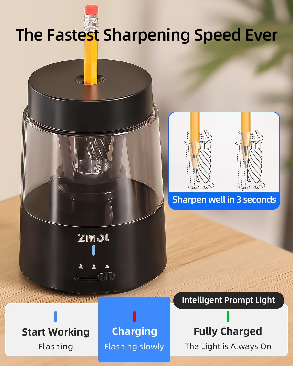Detalle de ZMOL Electric Pencil Sharpener: Professional Automatic Sharpener with Rechargeable Power