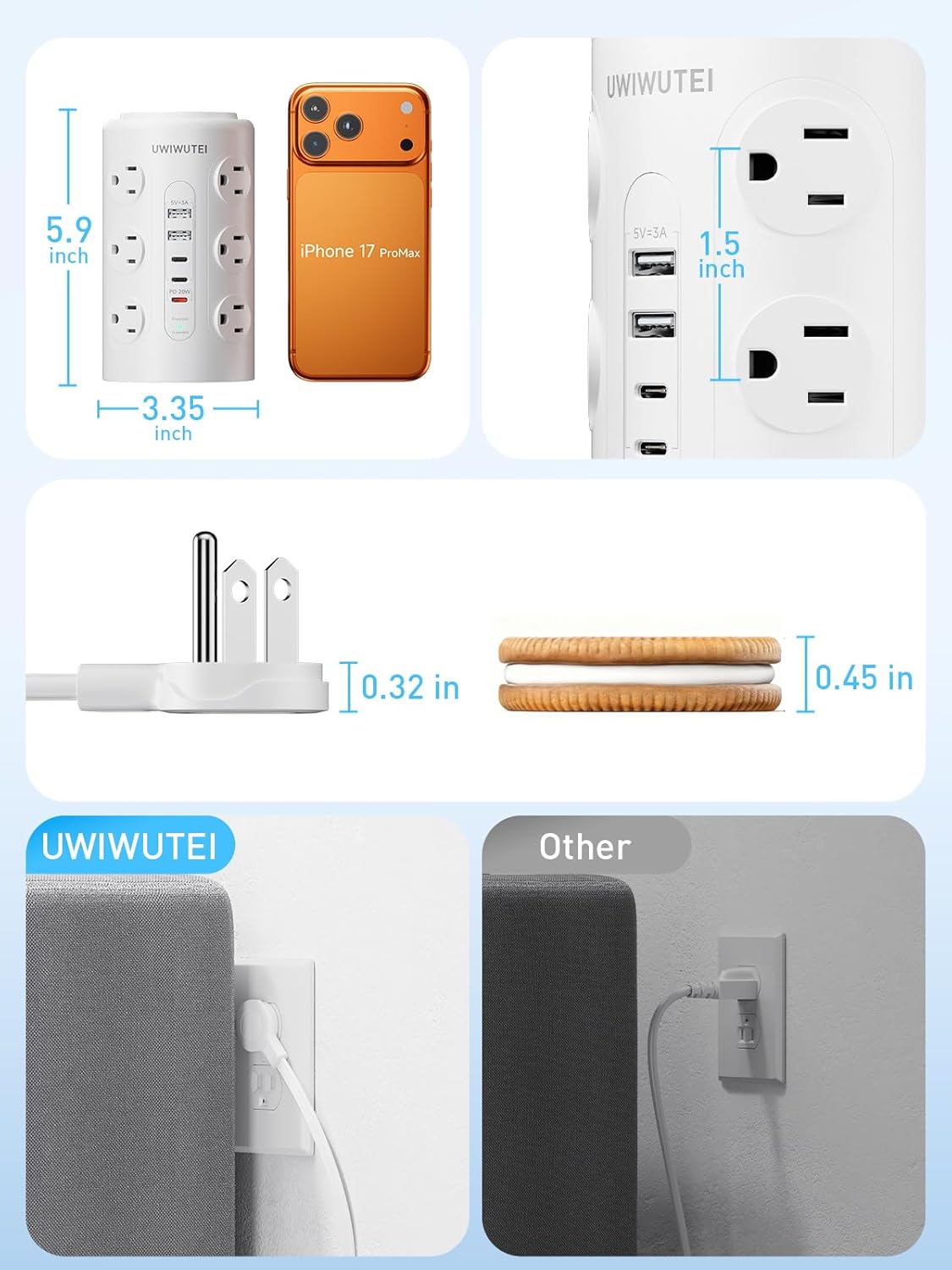 Thumbnail 6 de Tower Power Strip with 20W Dedicated USB-C PD Port, 12 AC Outlets and 5 USB Ports (3 USB-C) — Desk Charging Station