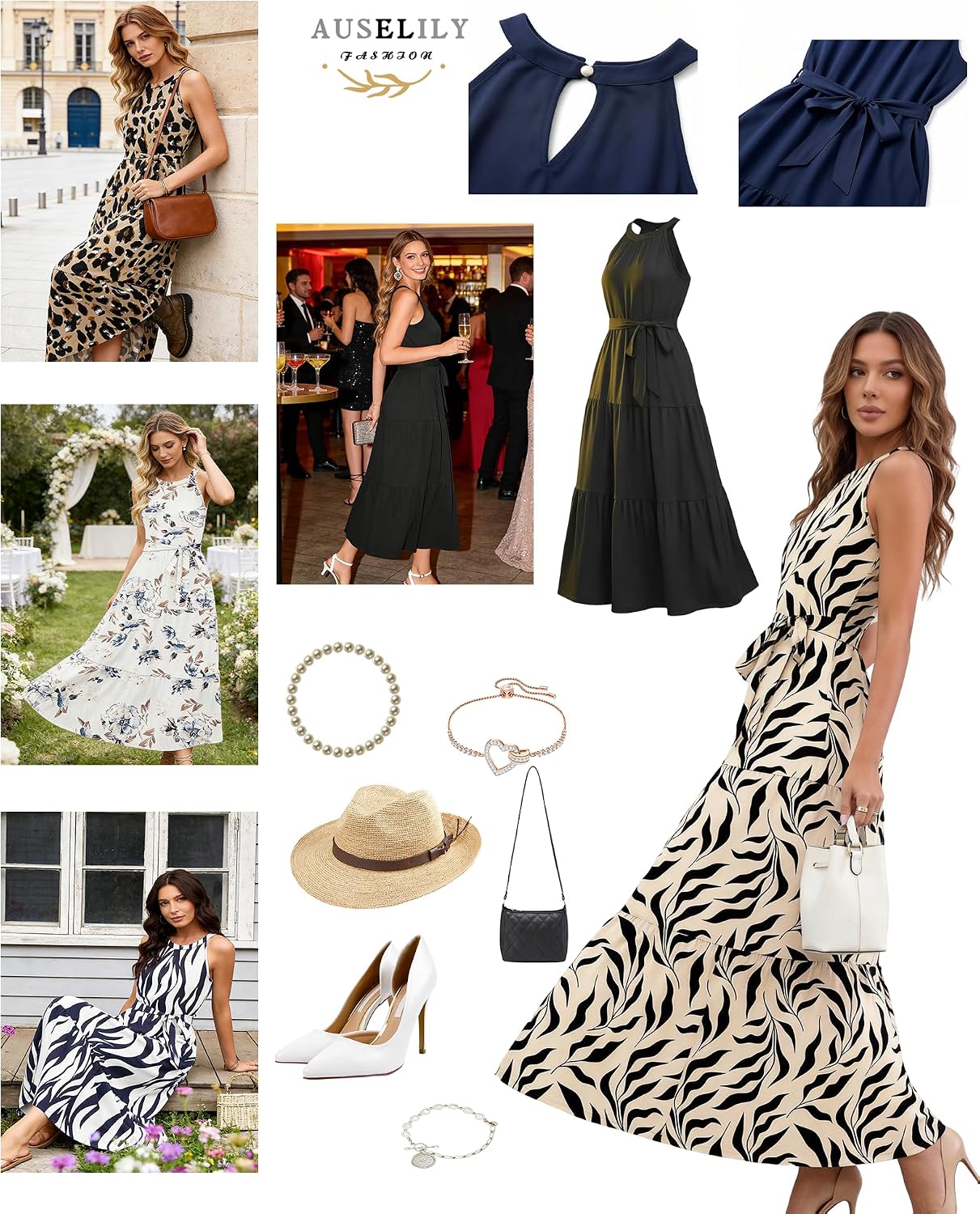 Thumbnail 4 de AUSELILY Damen Sommerkleid Lang Ärmellos Maxikleid Mit Taschen und Gürtel