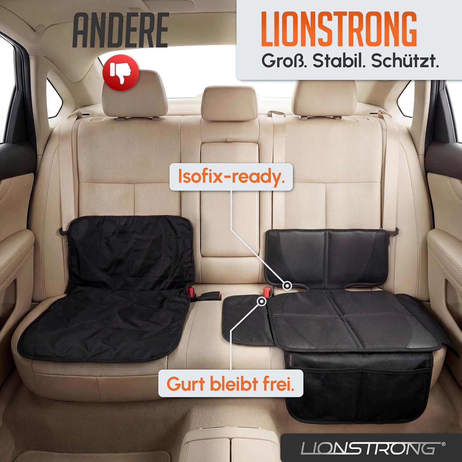Thumbnail 4 de LIONSTRONG Kindersitzunterlage Auto – wasserdicht, ISOFIX geeignet, universell passtend (Schwarz, klein)