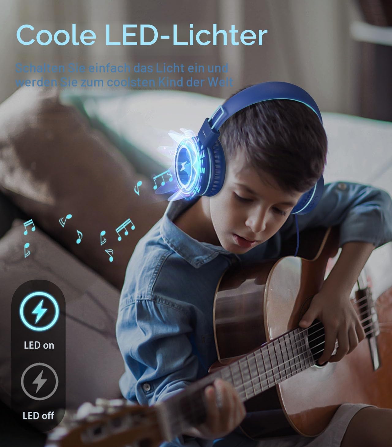 Detalle de Bywulanda Kinder-Kopfhörer mit LED-Lichtern und USB Typ-C – Lautstärkebegrenzung, Mikrofon