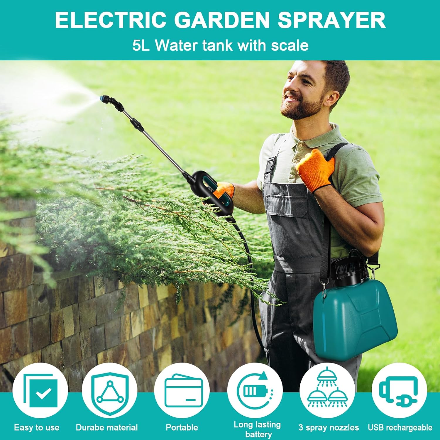 Thumbnail 3 de TLGREEN 5L Electric Garden Sprayer — 7.4V, 3 Adjustable Nozzles, USB Rechargeable, Telescopic Wand