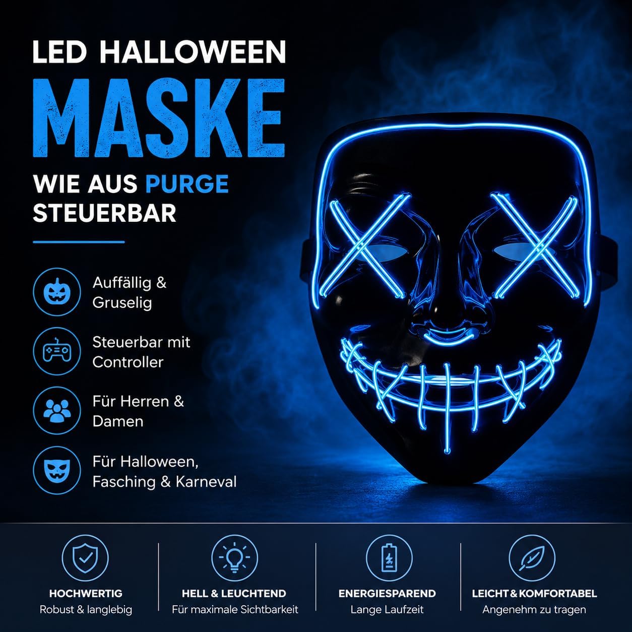 Thumbnail 6 de TK Gruppe Timo Klingler Purge LED-horrormasker met 3 regelbare lichteffecten