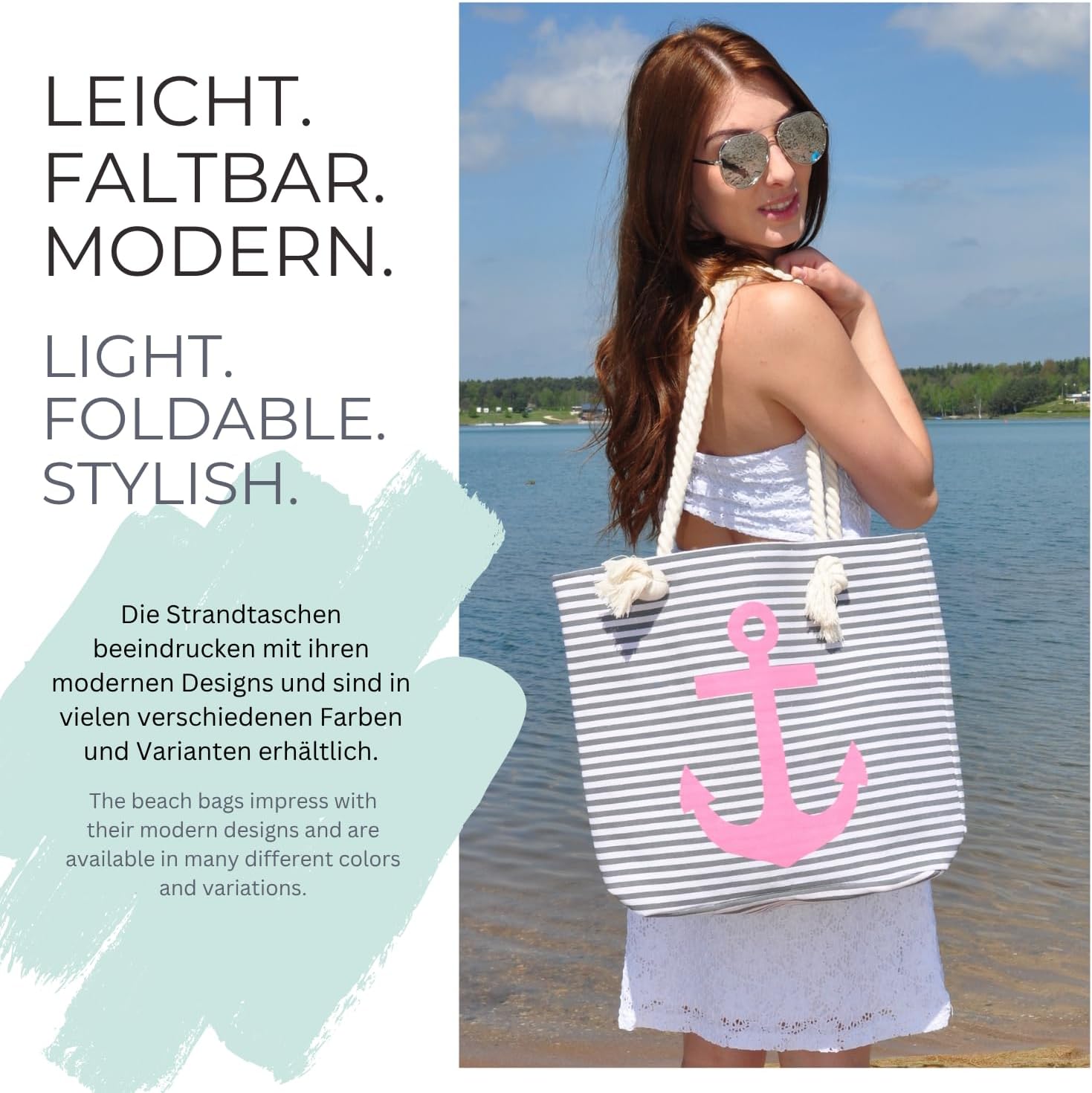 Thumbnail 6 de StyleBREAKER borsone da spiaggia a righe con ancora – blu-bianco/oro, 46 x 34 x 12 cm