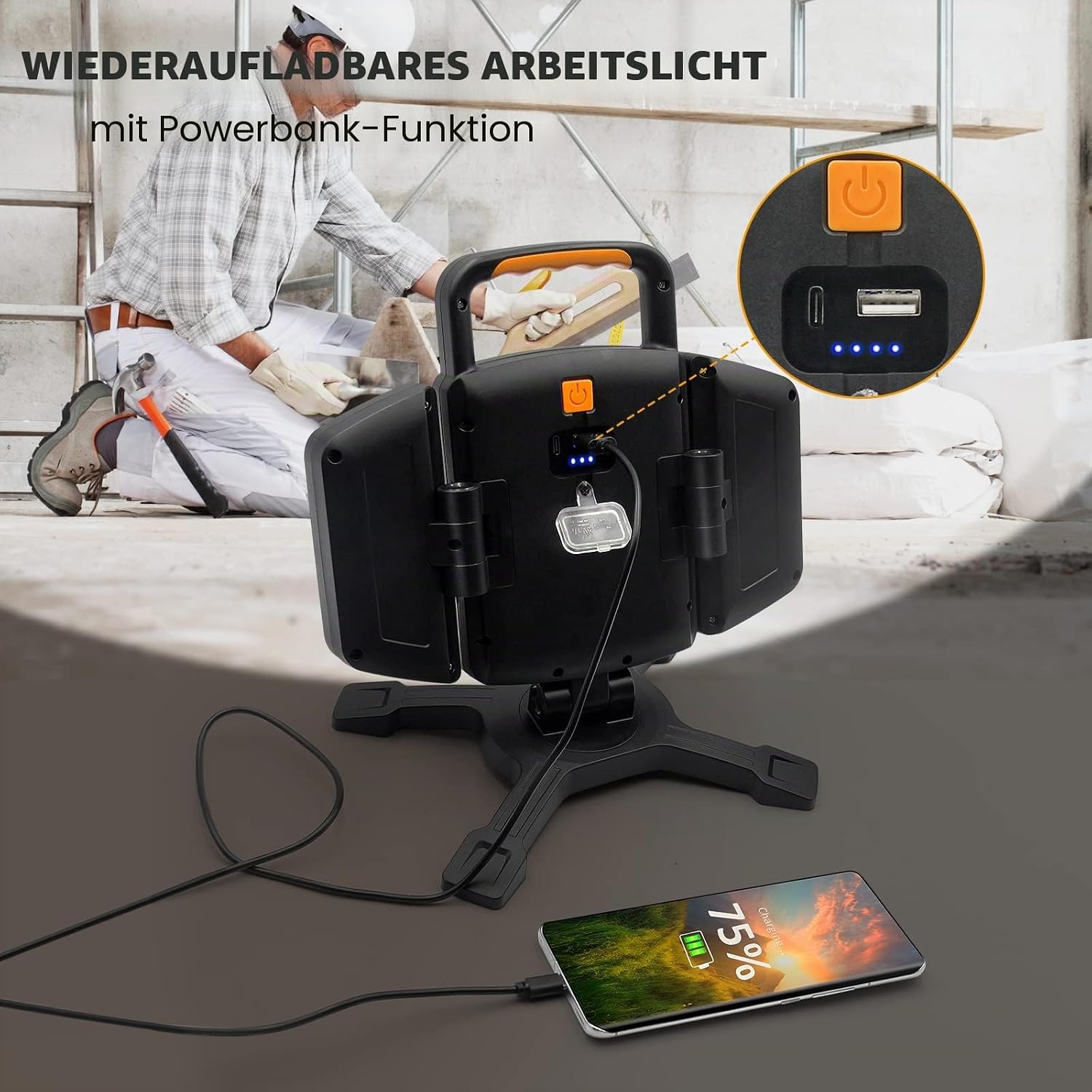 Detalle de SYLSTAR LED Strahler Akku 30W – 3000 lm, 4 Magnete, 5 Lichtmodi, Powerbank, IP65