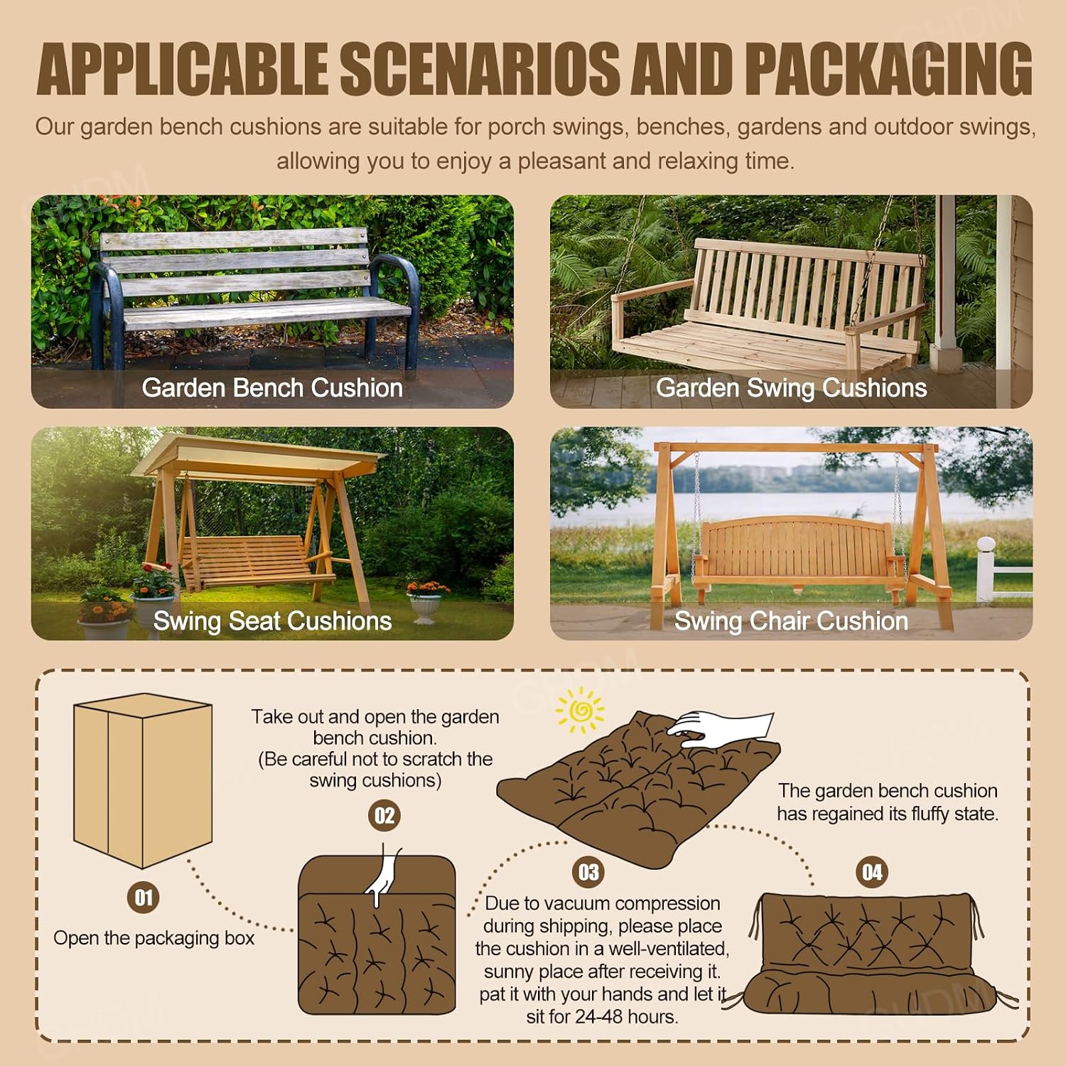 Thumbnail 5 de GHDM Garden Bench Cushion Thick 12cm Swing Cushions for 3-Seater with Backrest and Ties (150cm, Brown)