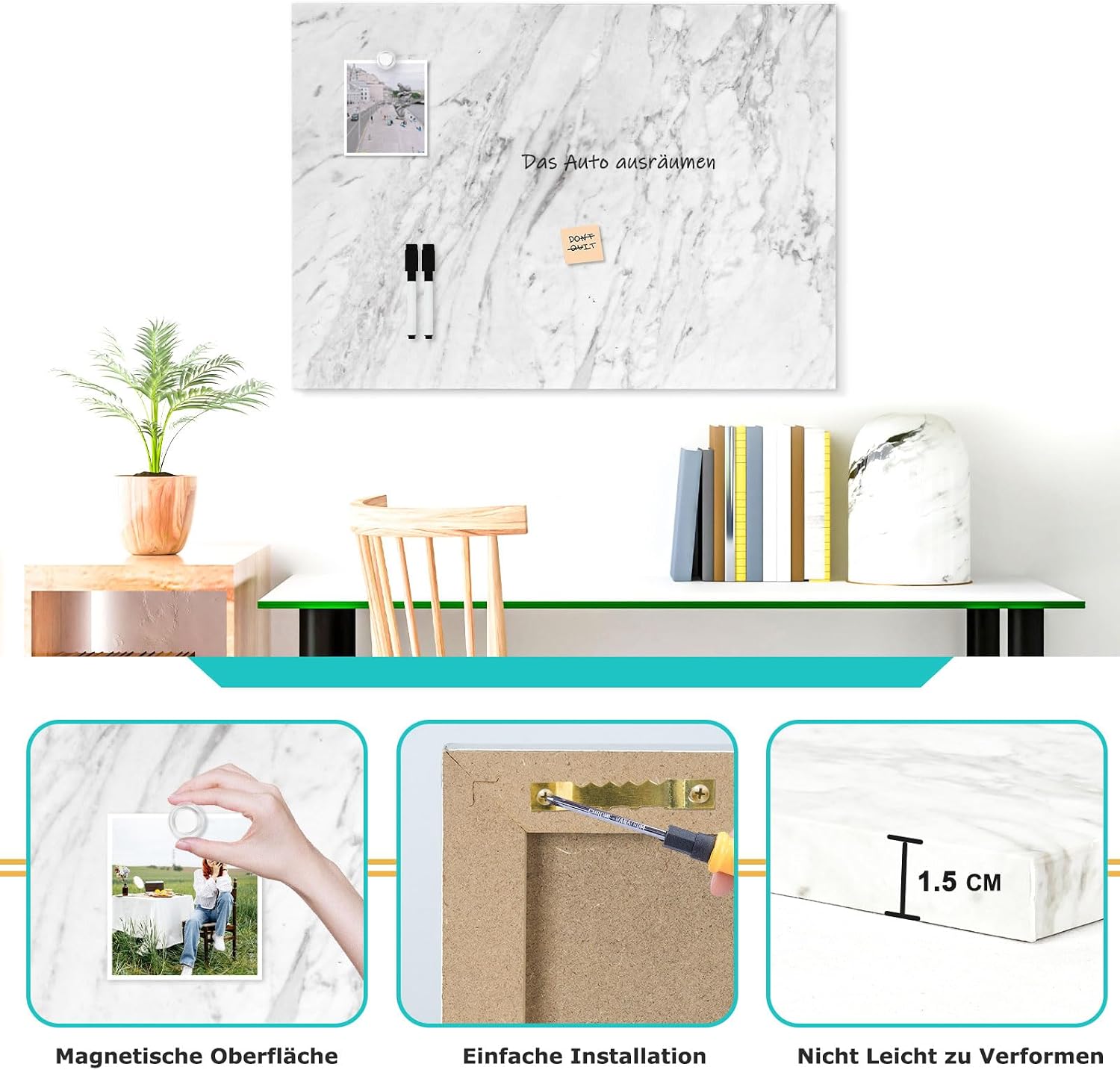 Detalle de DOLLAR BOSS Magnetisches Whiteboard 30 x 40 cm – Magnettafel für Wand, Drucken-Memoboard mit 4 Magneten & 2 Stiften