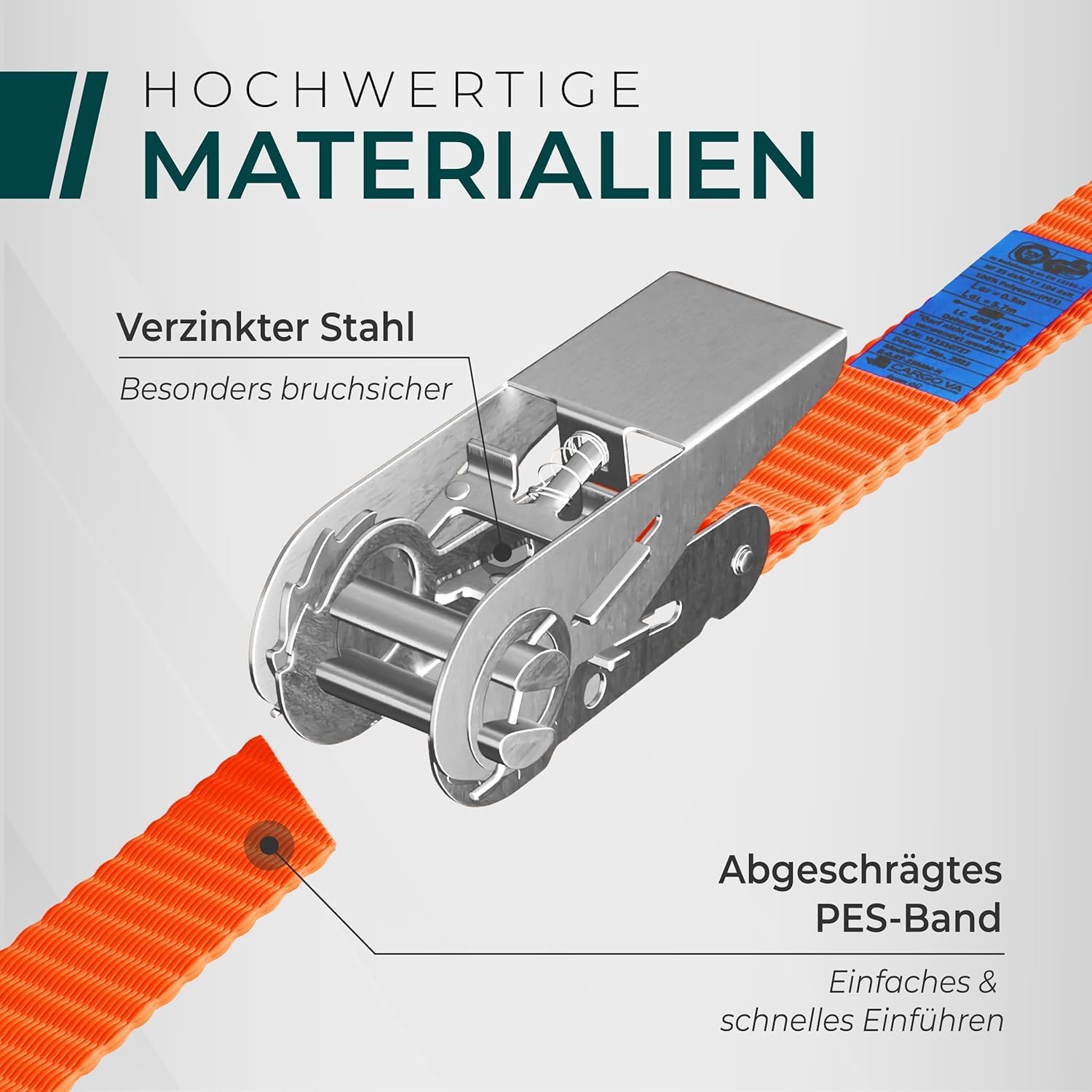 Detalle 2 de Robuste 800 kg Spanngurte mit Ratsche – 4er Set, TÜV/GS-konform, DIN, 25 mm Breite