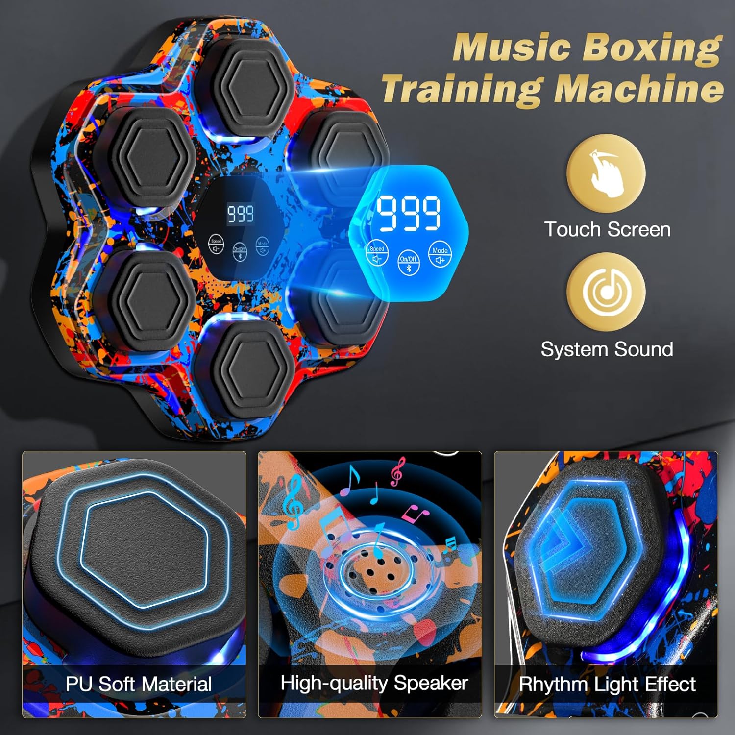 Thumbnail 3 de Music Boxing Machine with Bluetooth, LED Punch Counter & 9 Modes/9 Speeds — Wall Mounted Trainer with Gloves