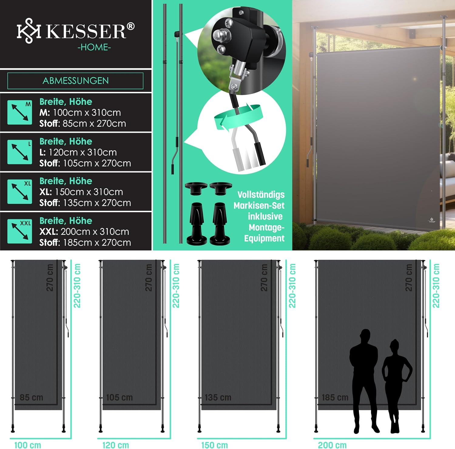 Thumbnail 6 de KESSER® Klemmmarkise 120x310 cm – senkrechte Vertikalmarkise für Balkon & Garten (wetterfest, ausziehbar, Anthrazit)