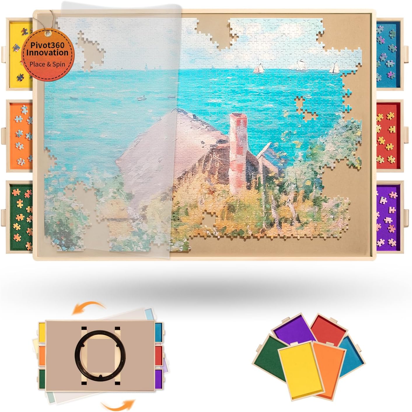 1500-Piece Wooden Puzzle Board (34" x 25") with 6 Drawers, Felt Trays & 360° Lazy Susan