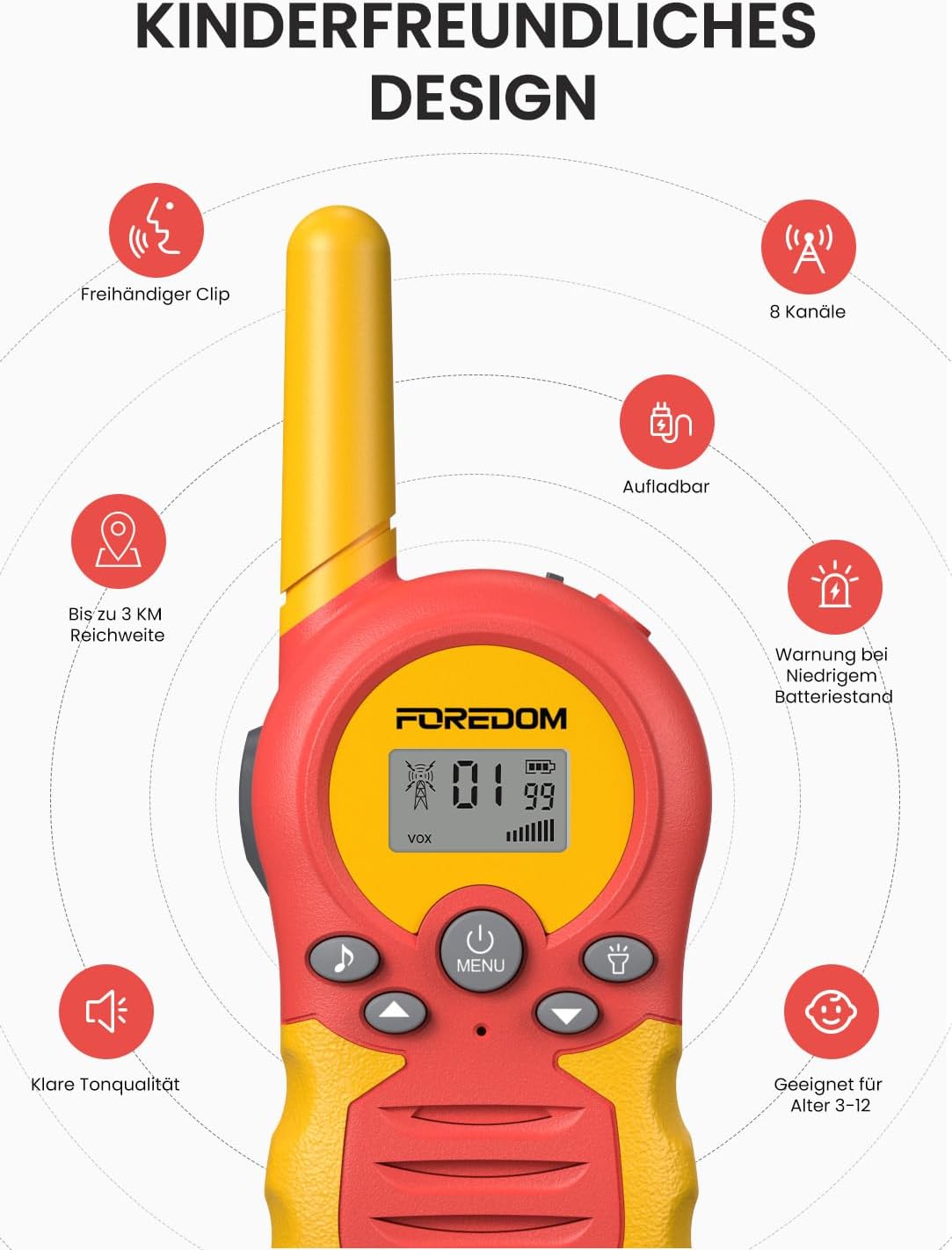 Detalle 2 de FOREDOM Walkie Talkies Kinder 3 km Reichweite đĄ