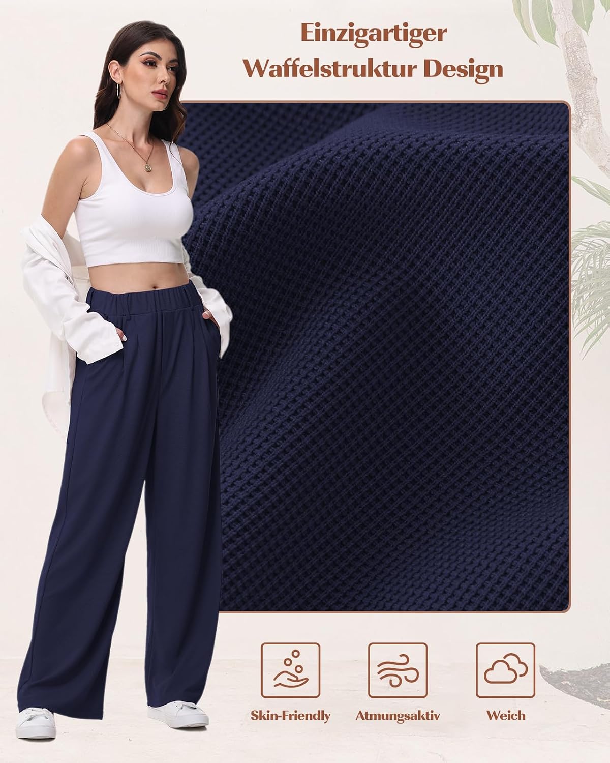 Detalle de HMIYA Weite Hosen Damen – bügelfreie Palazzo- Stoffhose mit hoher Taille und Taschen