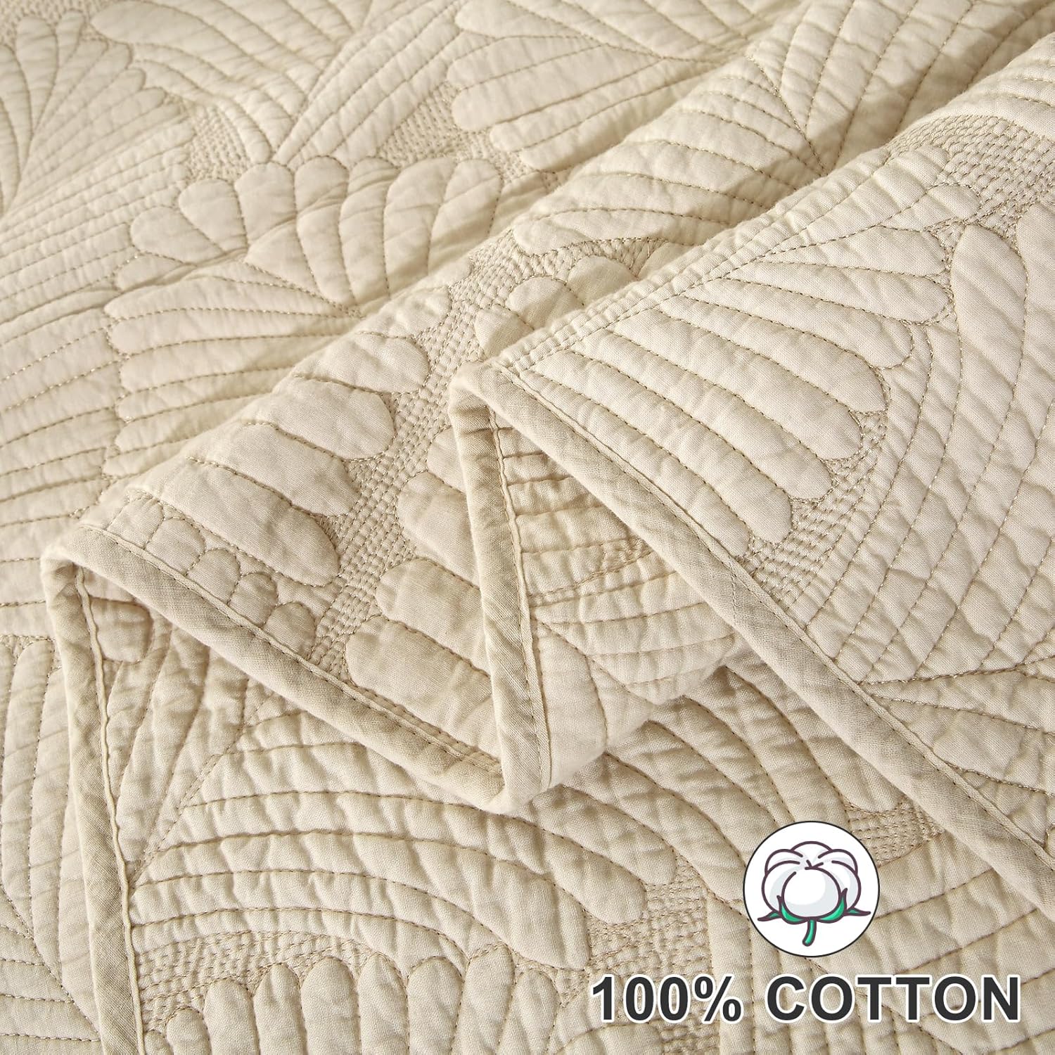 Thumbnail 3 de Qucover Couvre Lit Coton 2 Personnes 220x240 – Beige, Motif Floral, 3 Pièces