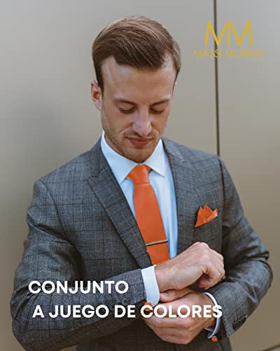 Detalle de Massi Morino Corbata Naranja con Pañuelo a Juego 5 en 1 – Set Hombre para Boda