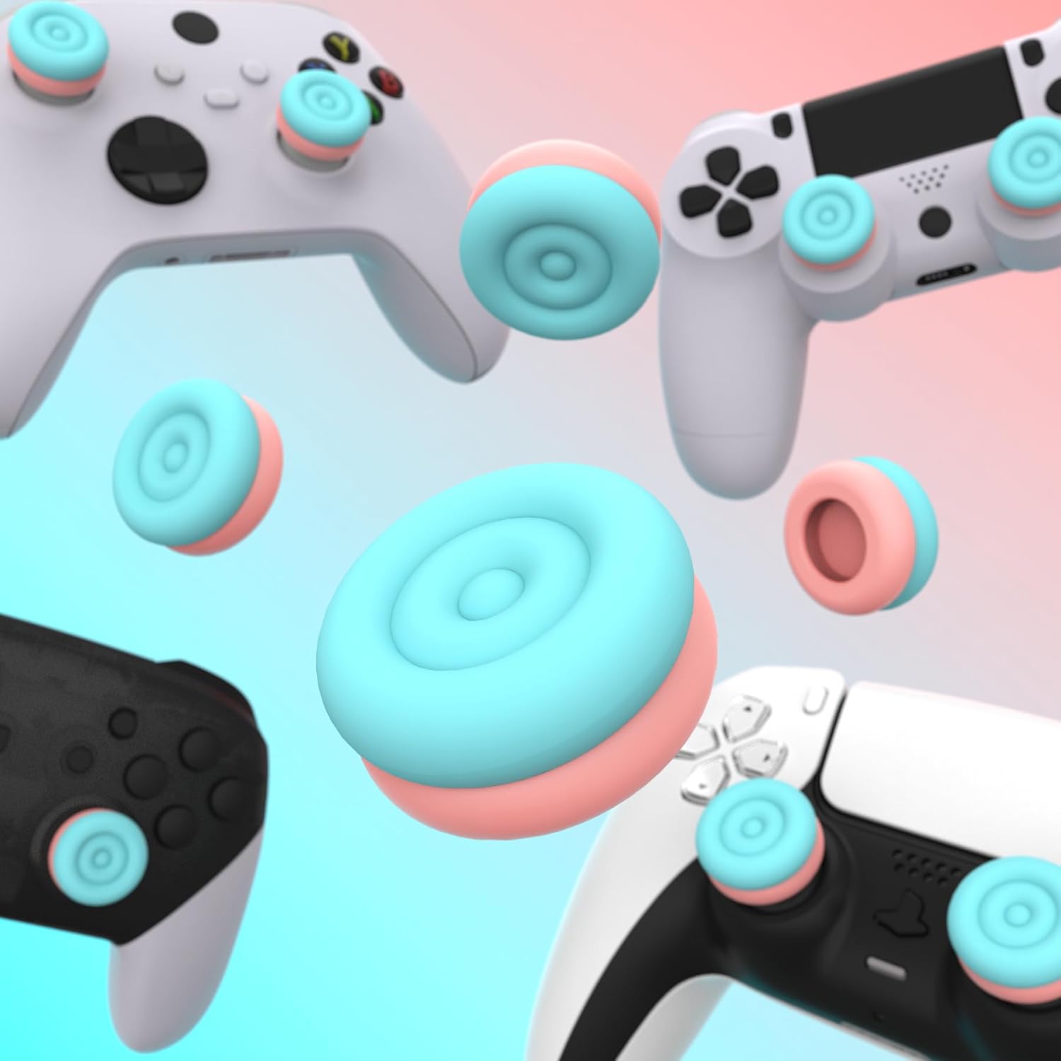 Thumbnail 4 de PlayVital Thumbs Cushion Caps Thumb Grips for PS5/PS4 and More – Aqua Blue & Coral Pink