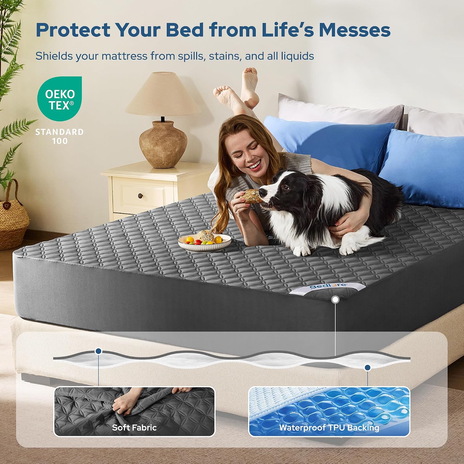 Detalle de BEDLORE Waterproof Double Mattress Protector with Upgraded TPU Layer and Deep Pocket – Grey