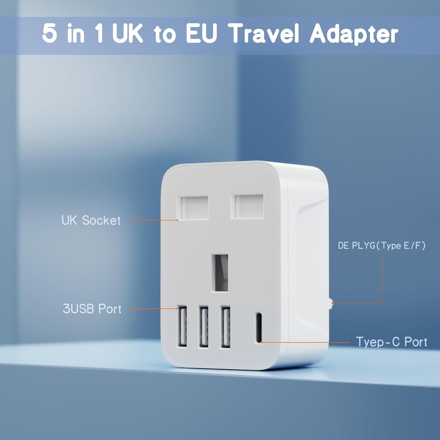 Detalle de Herfair UK to European Travel Plug Adaptor (Schuko Type E/F) with 3x USB-A and 1x USB-C