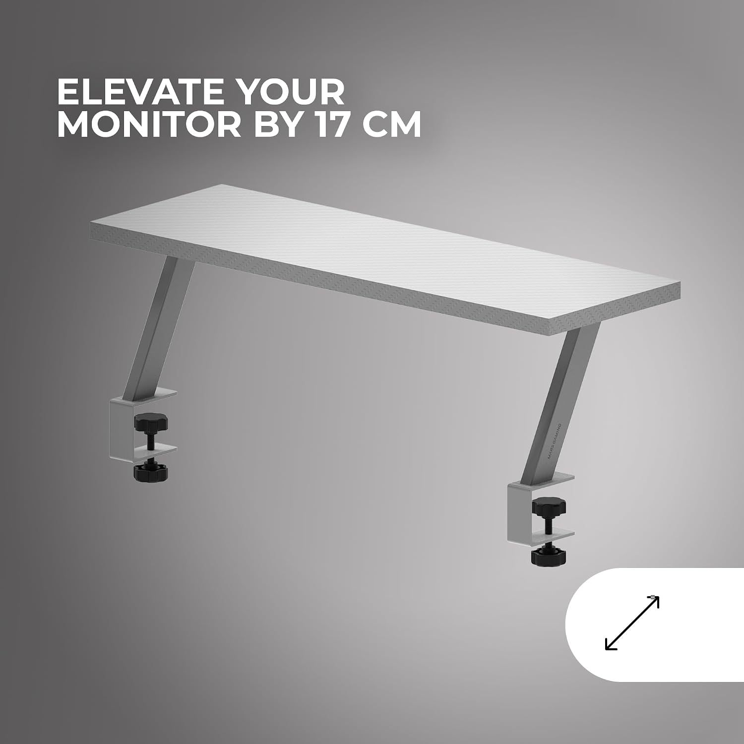 Detalle 2 de Mars Gaming MGDS, supporto rialzato per monitor bianco con ripiano in fibra di carbonio (60x20 cm)
