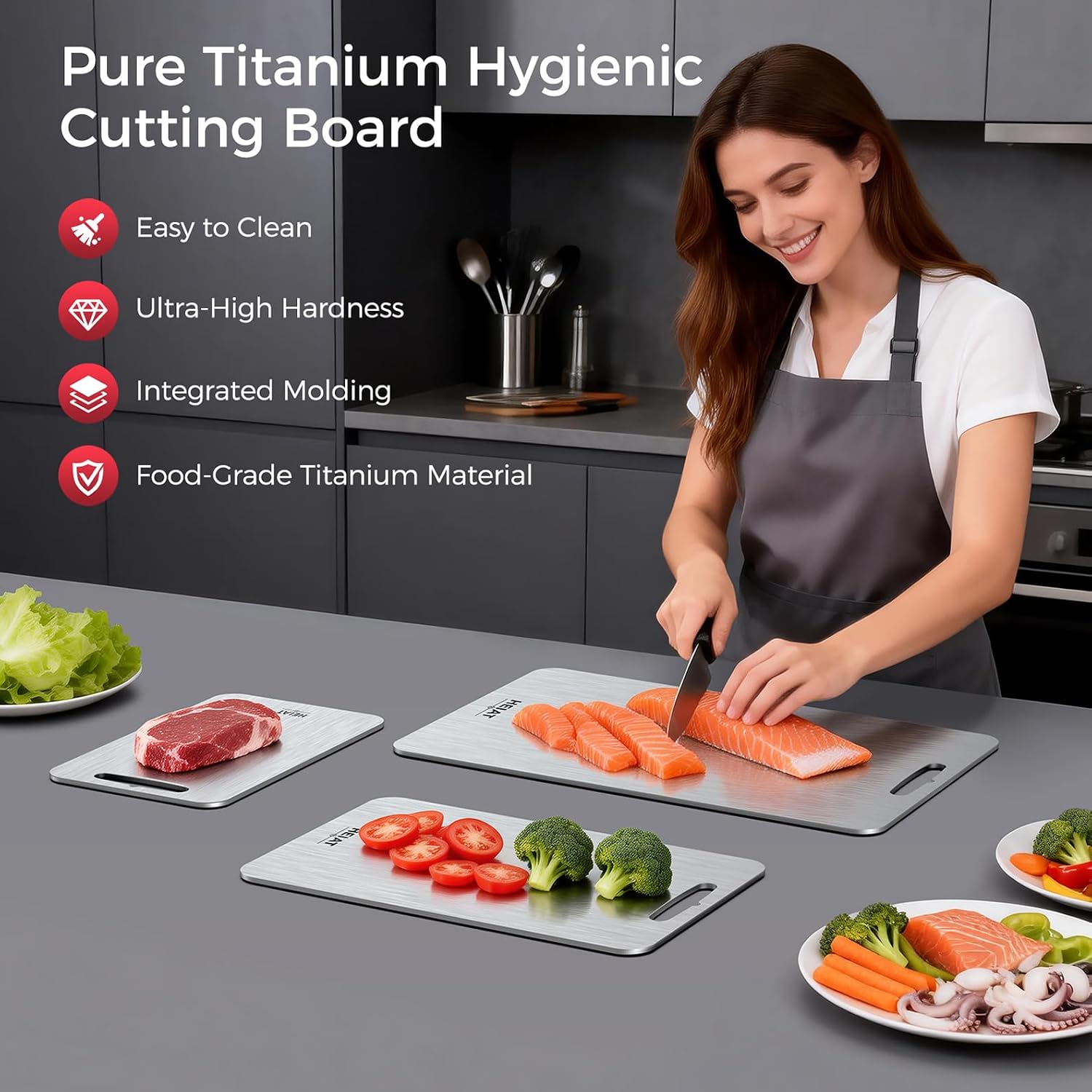 Detalle de 100% Pure Titanium Cutting Board Set of 3 – Dual-Sided, Dishwasher Safe