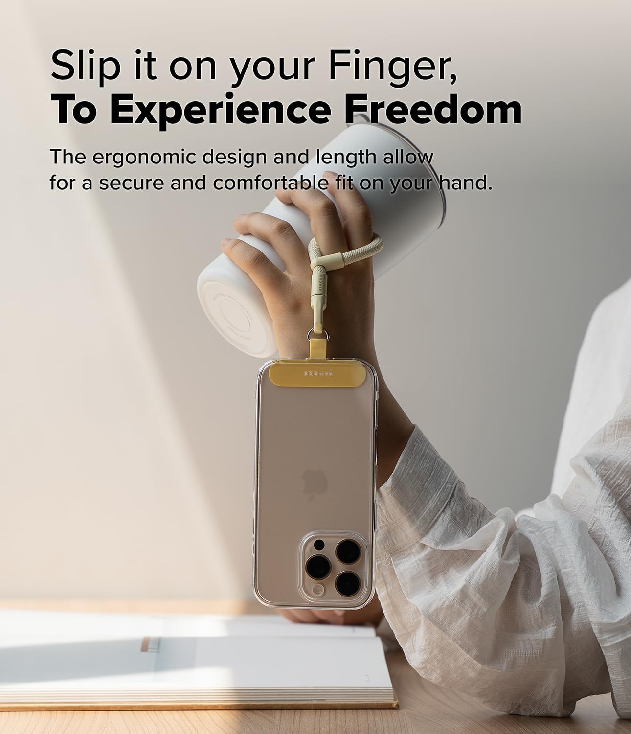 Detalle de Ringke Holder Link Flow Finger Ring Strap with Patch – Butter Yellow