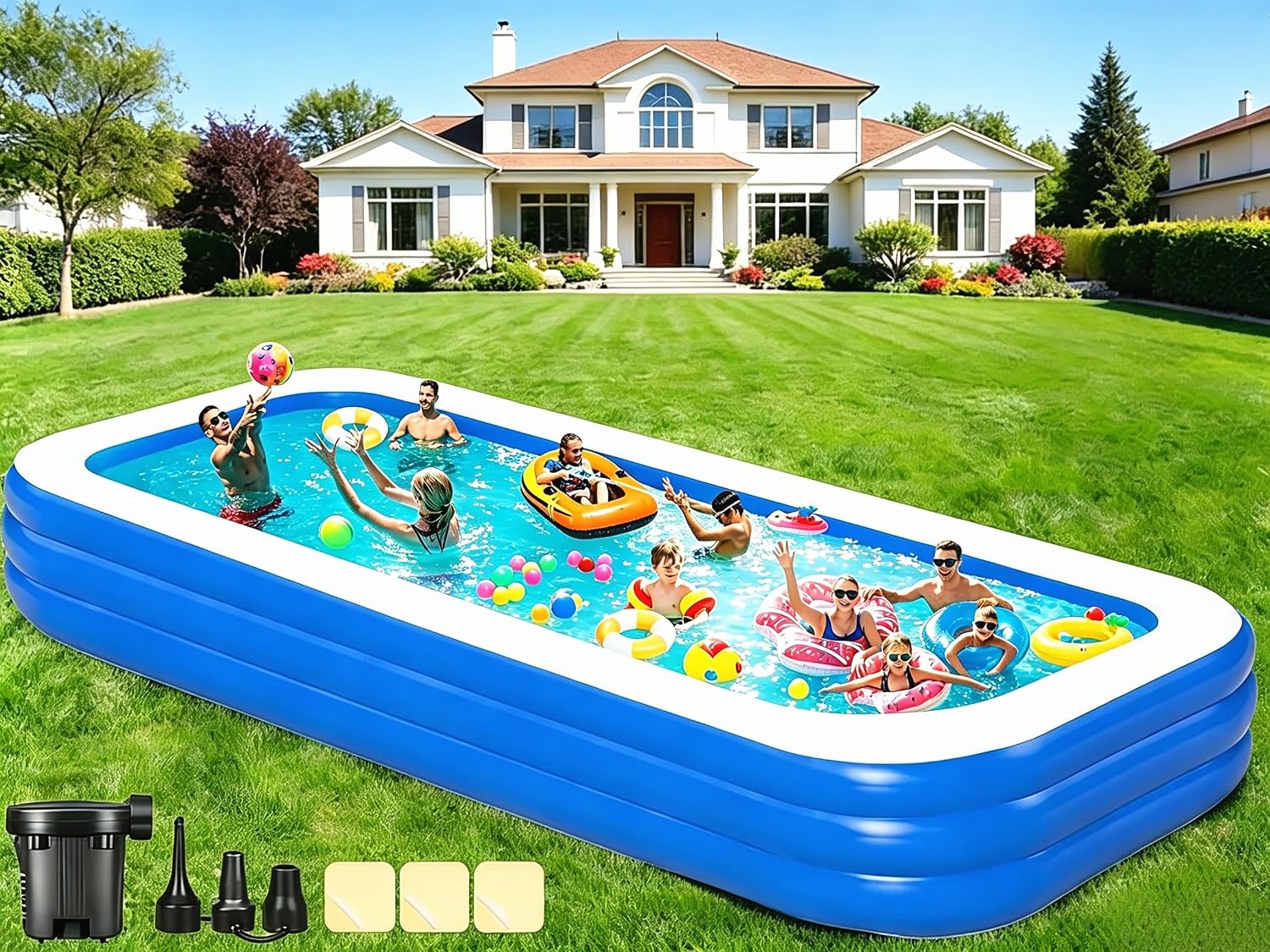 Detalle de Extra Large Inflatable Pool for Adults (180" x 76" x 22"): Oversized Backyard Fun with 3-Chamber Safety & Pump