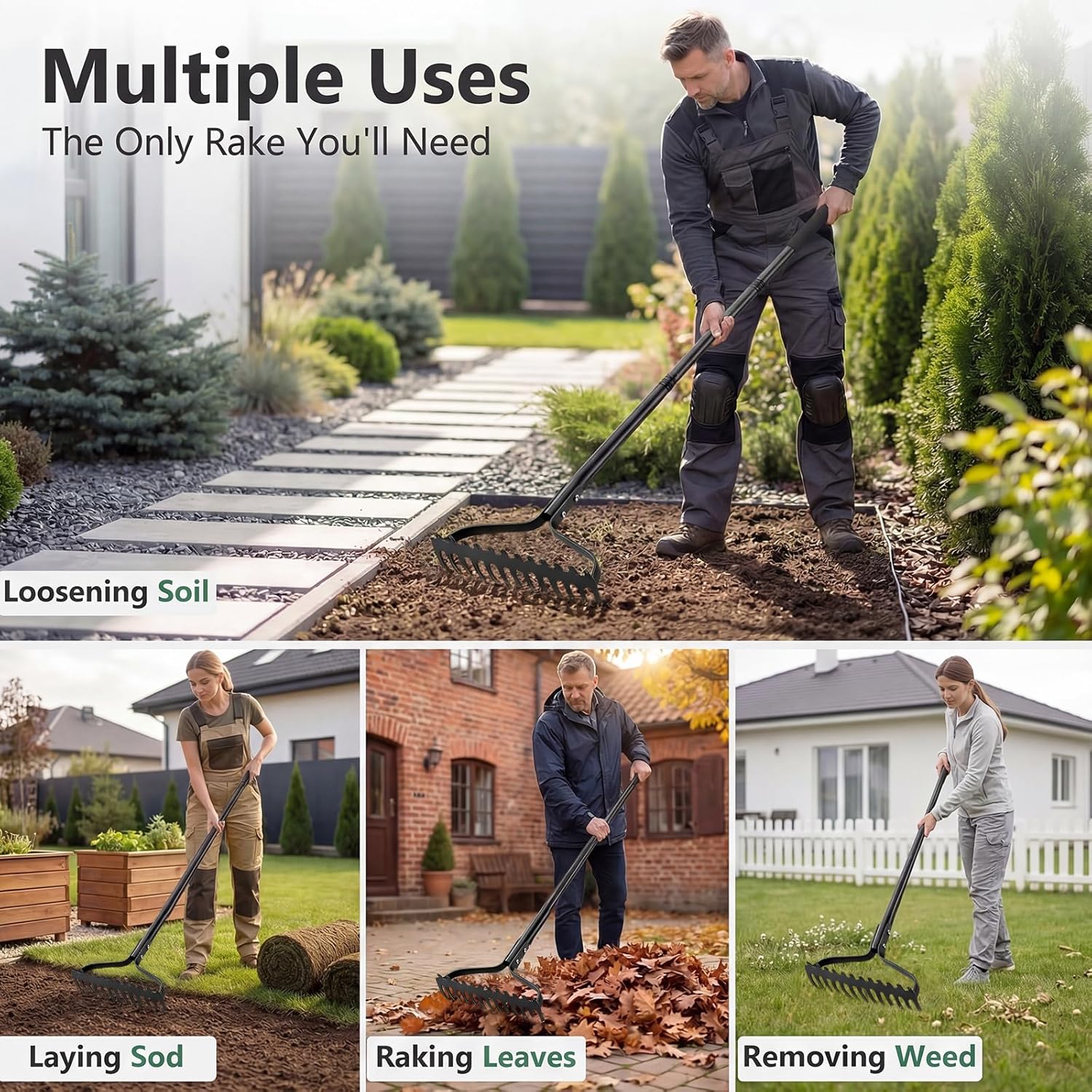 Thumbnail 3 de Fuuwuu 14 Tines Garden Rake Heavy Duty – 65Mn Steel, 145cm Telescopic Handle