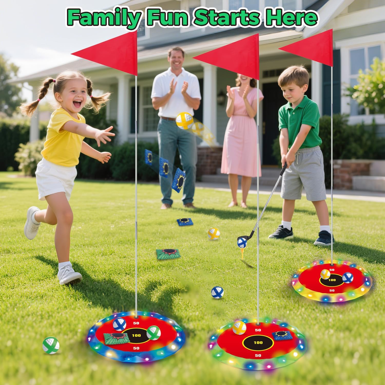 Thumbnail 3 de VATOS 2-in-1 Golf con luci per bambini – Gioco di chipping e lancio con bersagli LED, 2 mazze e 18 palline