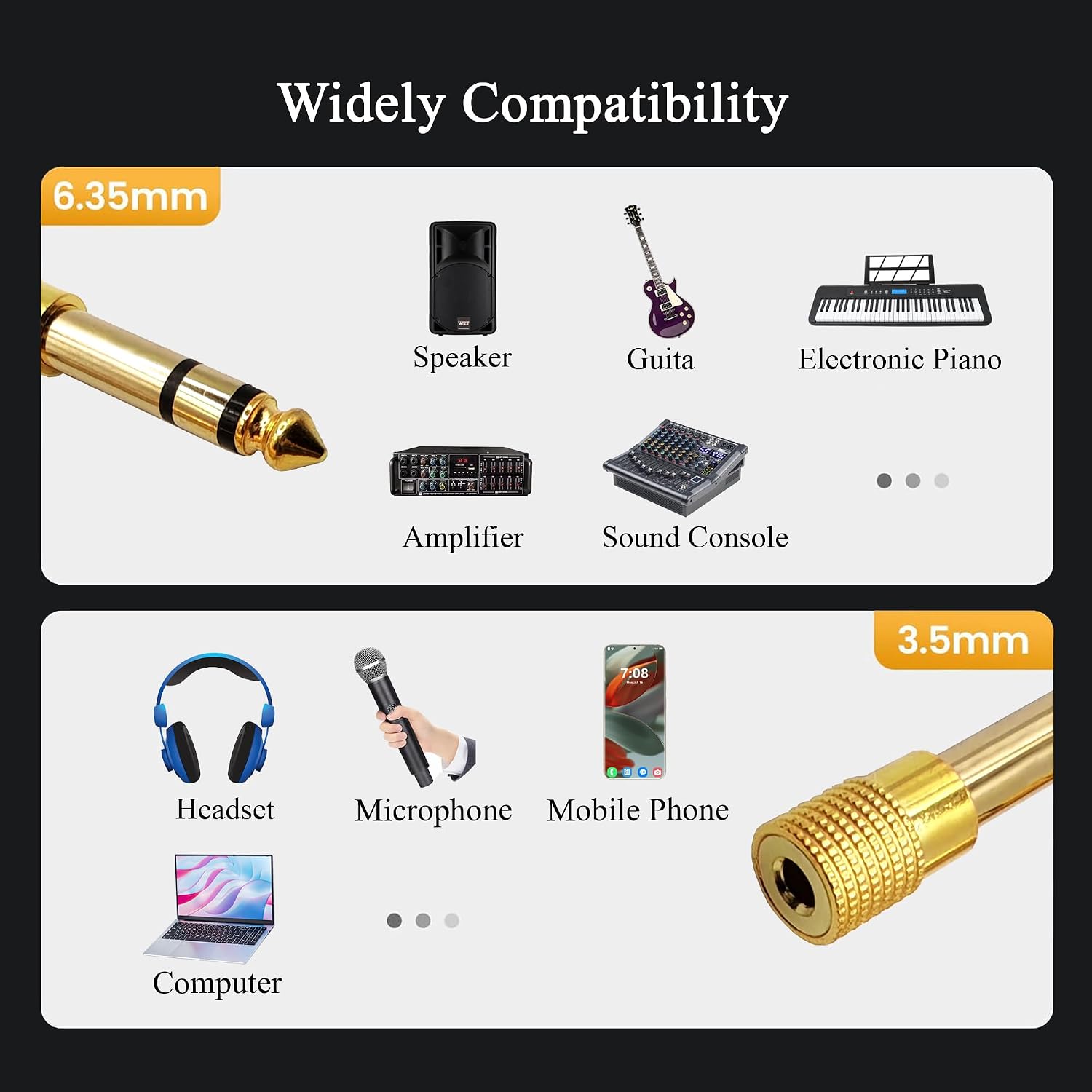 Detalle de Voluty Tek 6.35mm Male to 3.5mm Female Adapter (2 Pack) – 1/4 to 1/8 Audio Connector