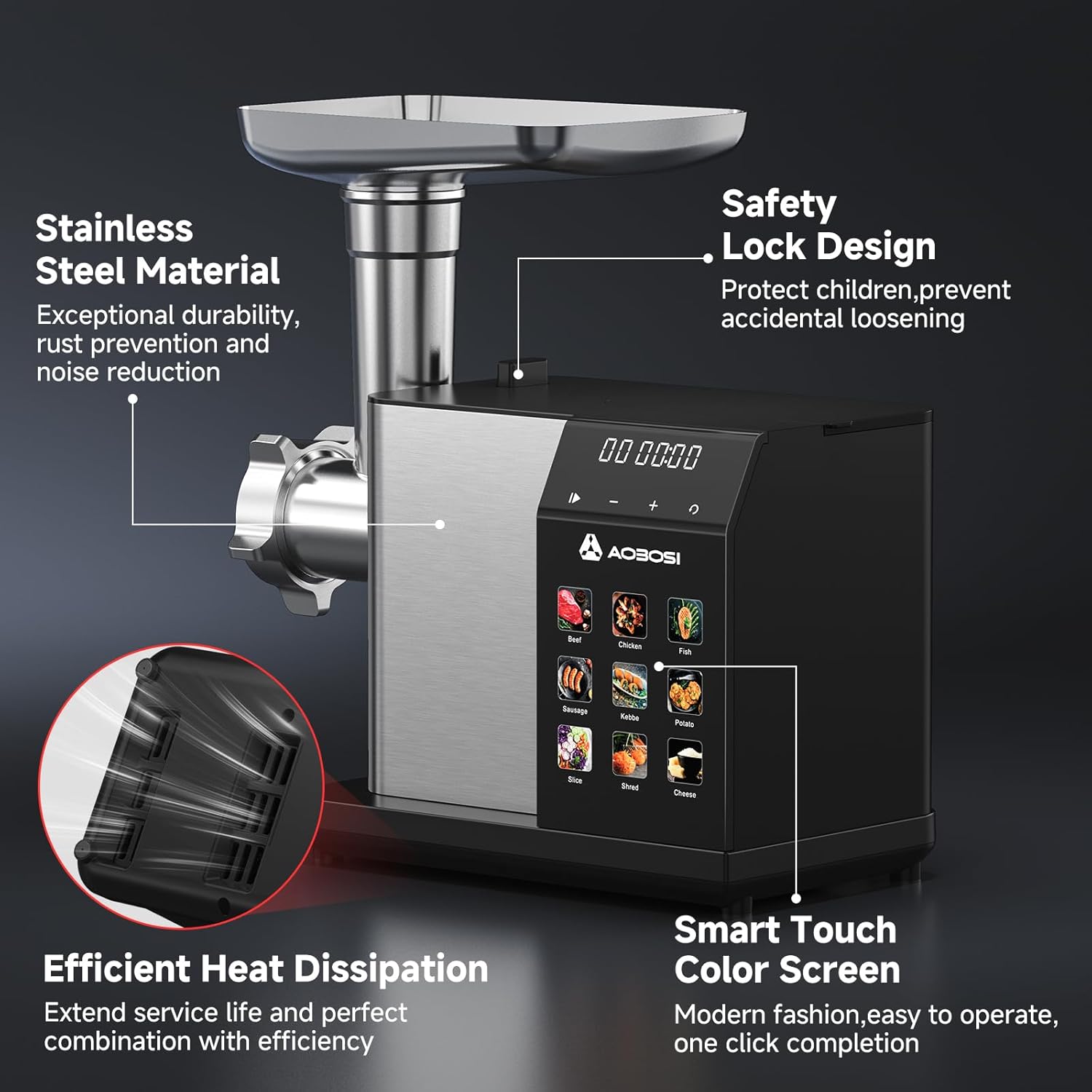 Thumbnail 6 de AAOBOSI Multifunctional Digital Meat Grinder, 3000W Max, 9 Touch Presets with Auto-Reverse