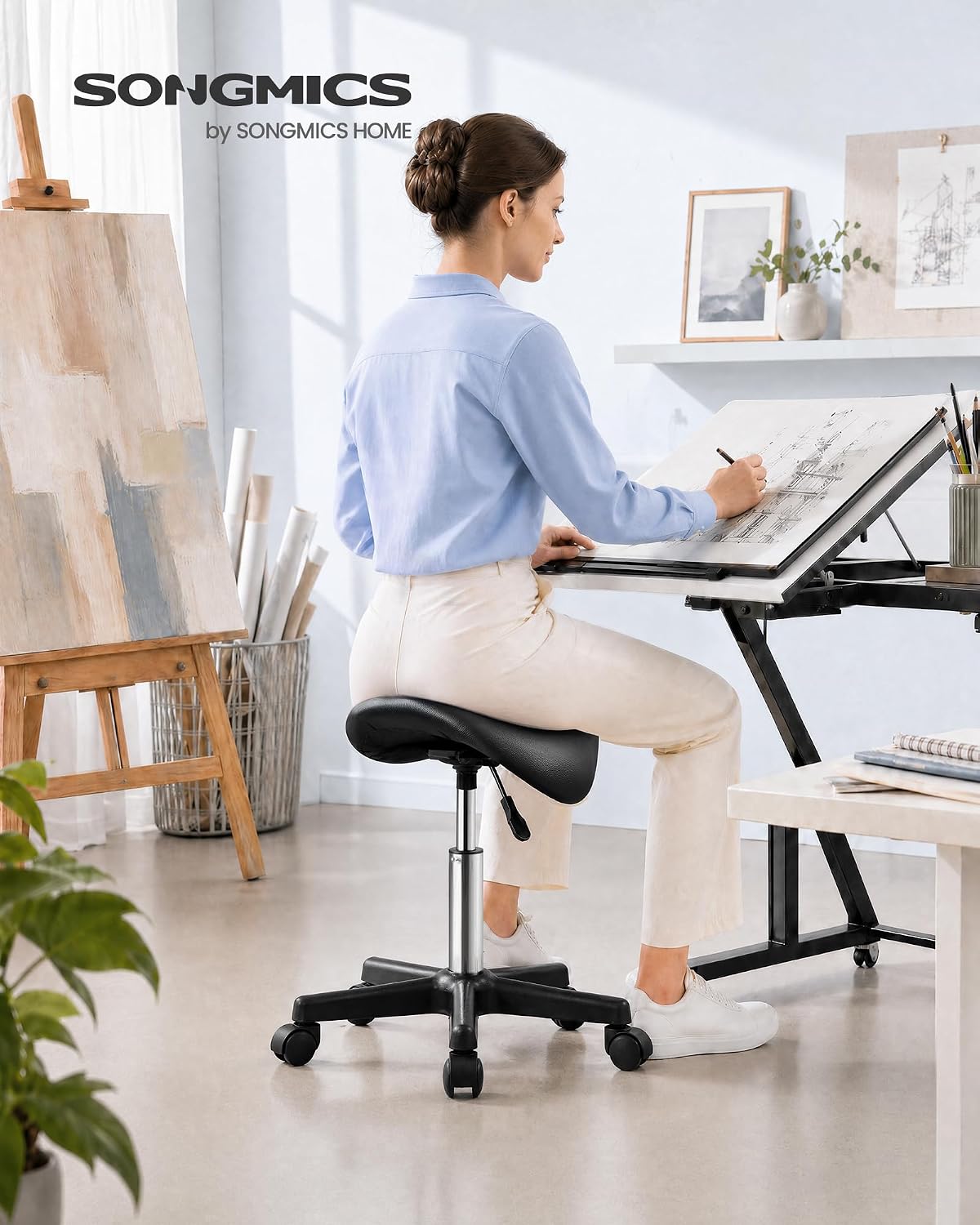 Thumbnail 1 de SONGMICS Sattelhocker OSC014B101 – ergonomischer Rollhocker mit 360° Drehung, höhenverstellbar, PU-Bezug
