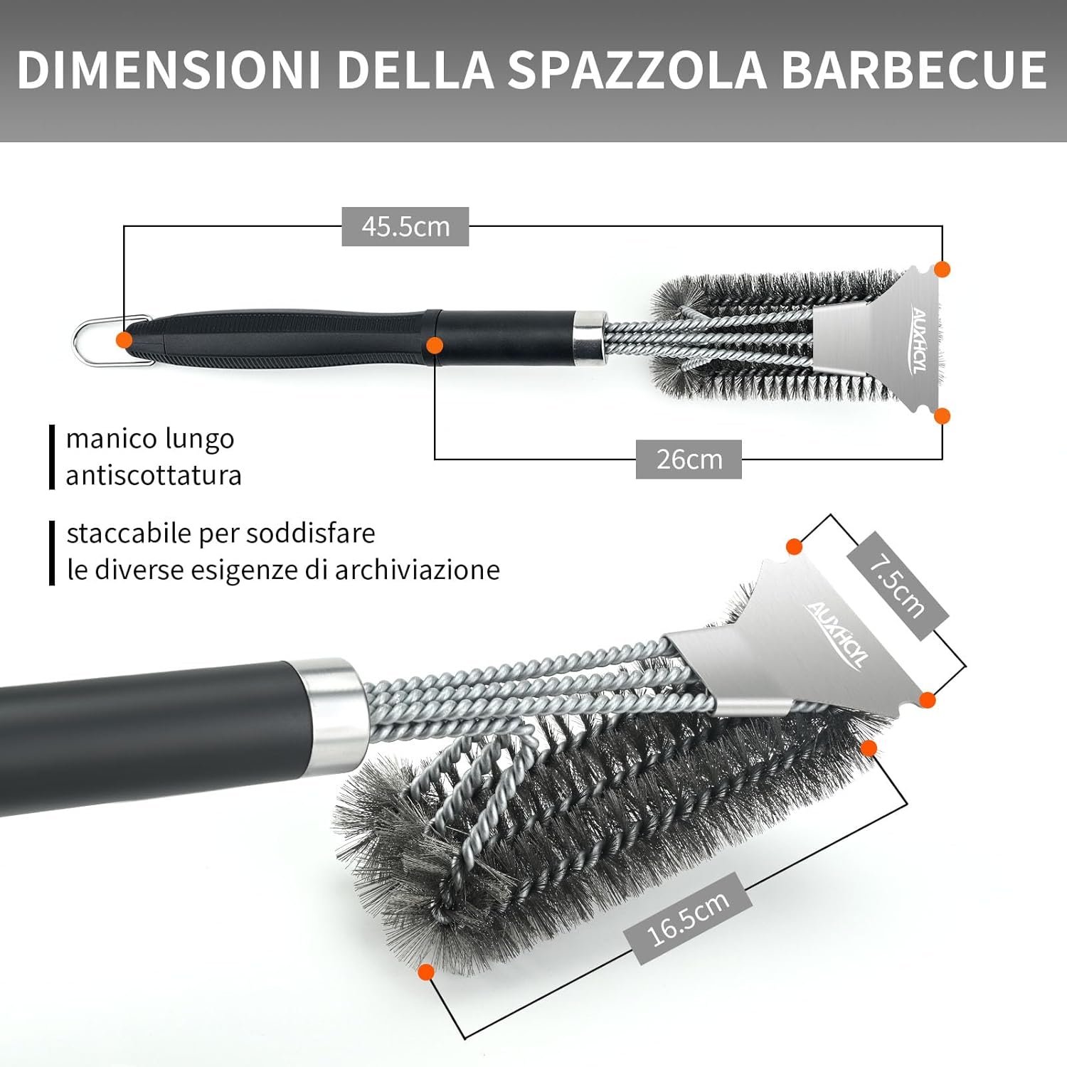 Thumbnail 1 de Spazzola per barbecue 3 in 1 in acciaio inox AUXHCYL con raschietto e manico isolato, larghezza 45,5 cm