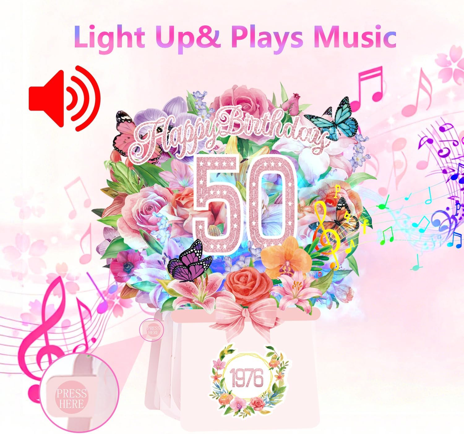 Thumbnail 1 de 50th Birthday Cards Light and Music 1976 Forever Flower Bouquet 3D Pop Up Gift Card (10 inch)