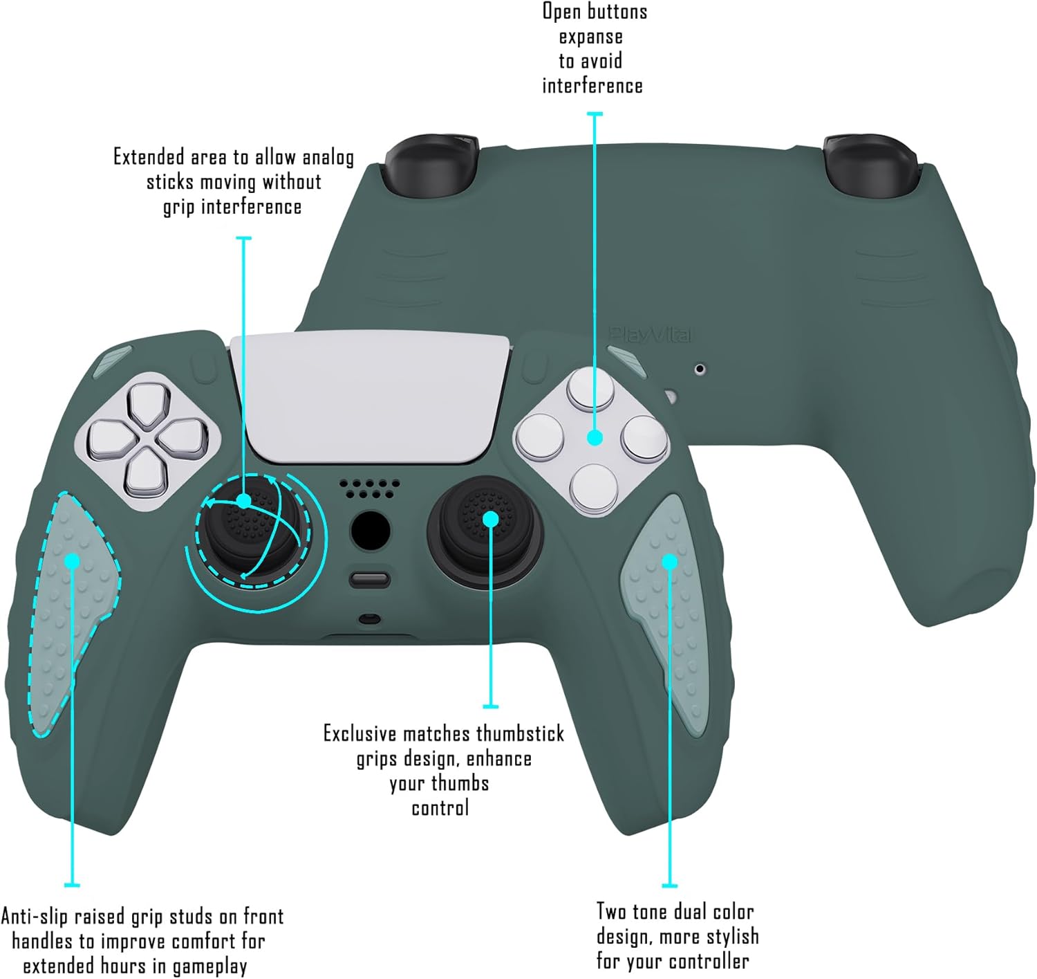 Thumbnail 2 de playvital PlayVital Knight Edition Templeton Gray & Jade Grey anti-slip silicone cover skin for PS5 controller