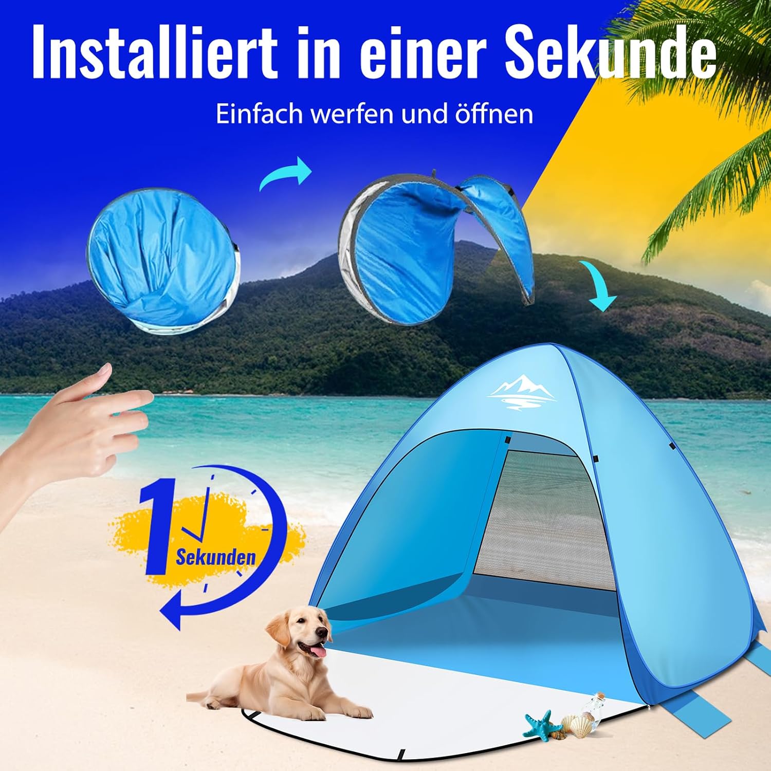 Thumbnail 3 de Strandmuschel Pop Up Strandzelt mit Reißverschlusstür (UV-Schutz 50+), für 1–3 Personen
