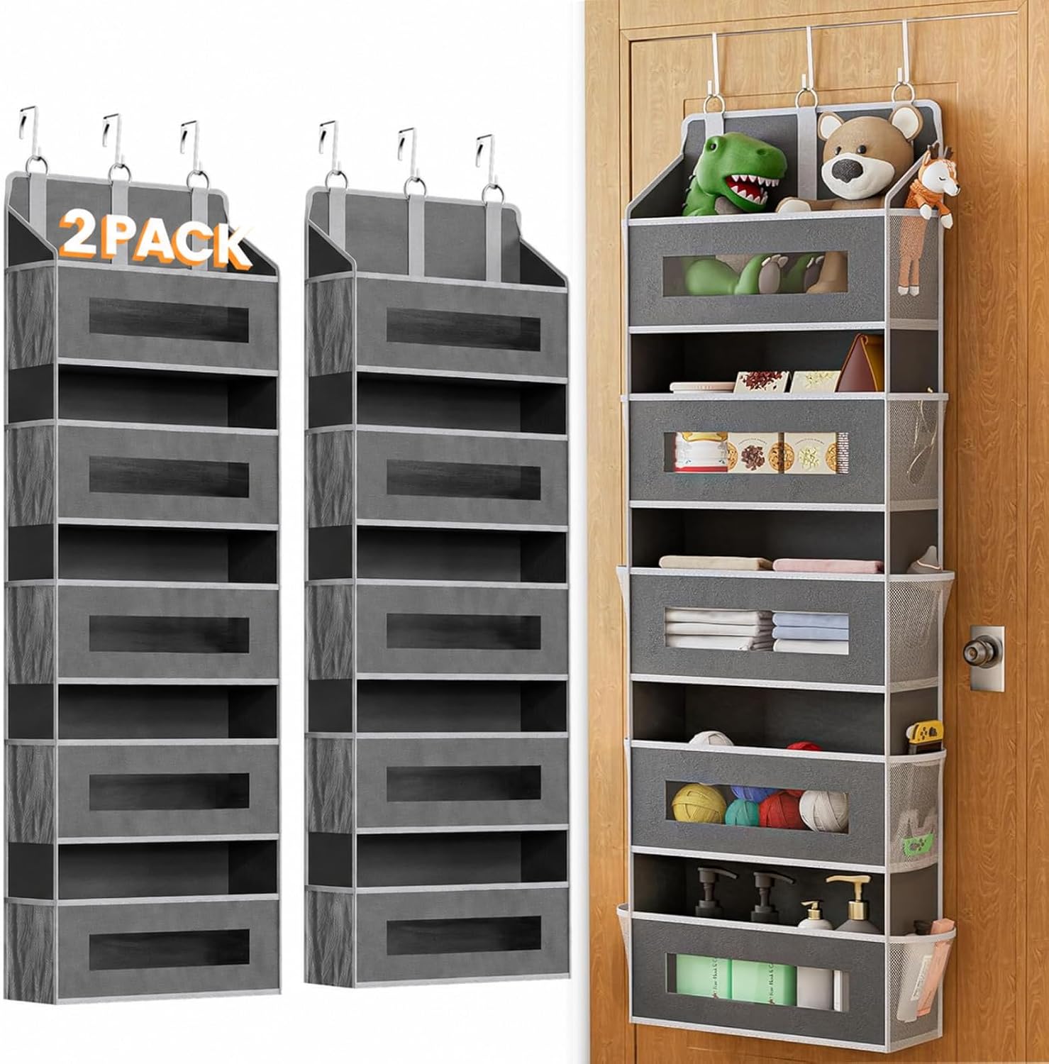 Detalle de 2-Pack Grey 5-Tier Over-the-Door Organizers with Clear Windows and Mesh Pockets