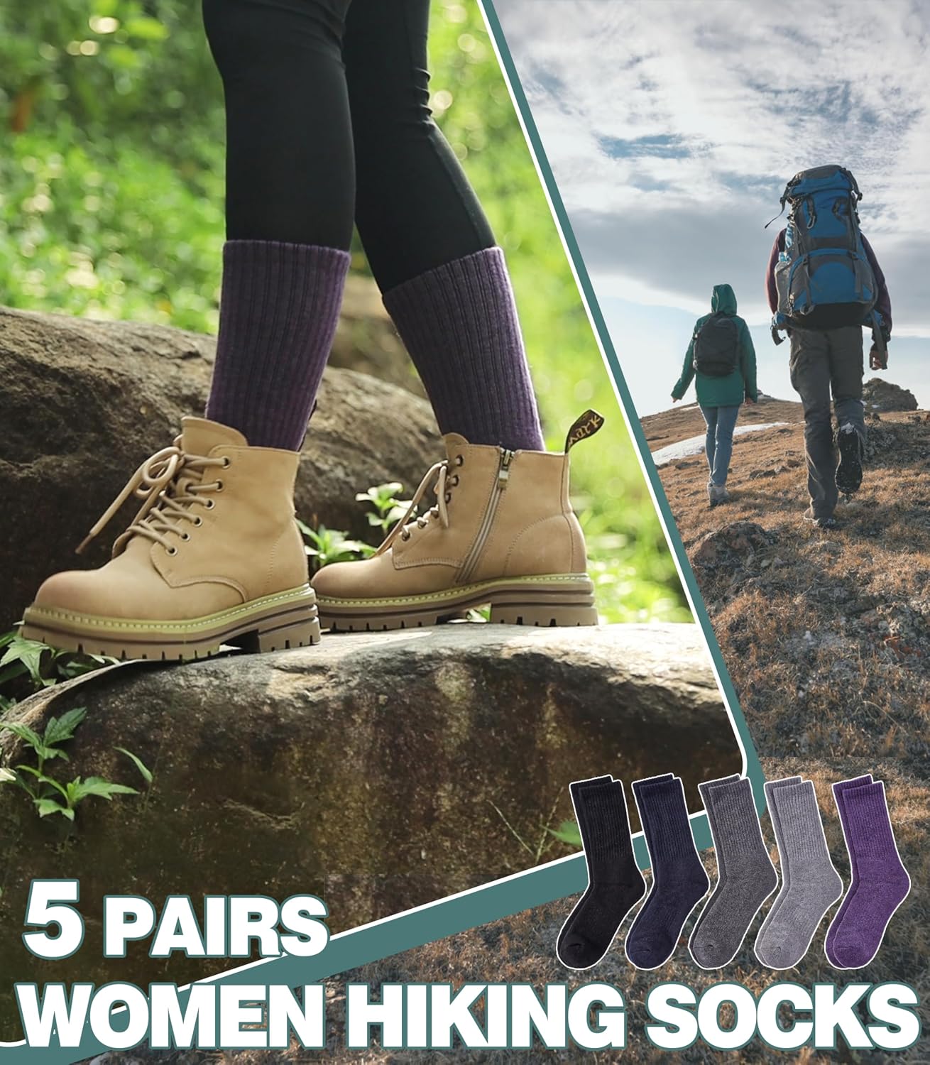 Detalle 2 de LANLEO Merino Wool Hiking Socks, 5-Pair Cushioned Moisture-Wicking Crew Socks