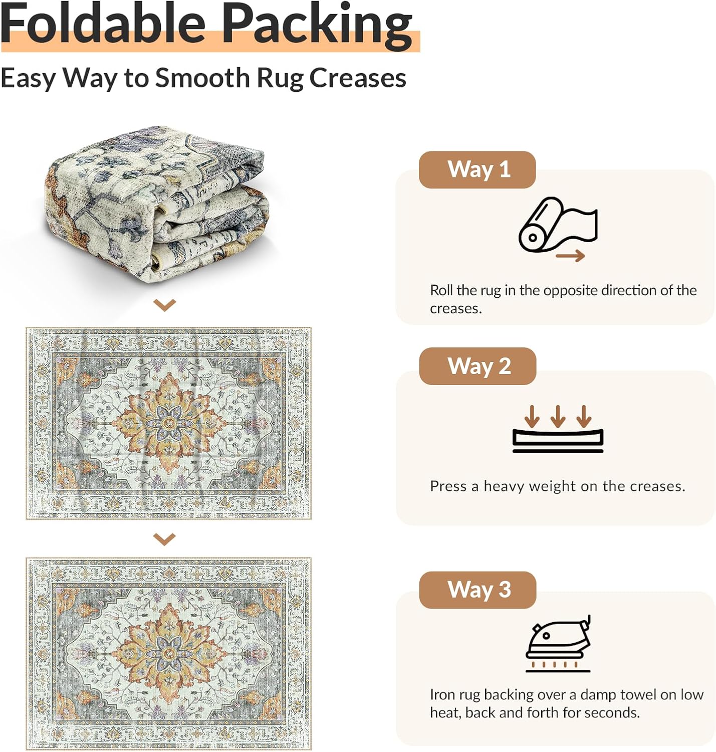 Thumbnail 3 de INOVADAY Machine Washable Vintage Low Pile Area Rug, 180x270 cm (Yellow/Grey/Orange/Purple)