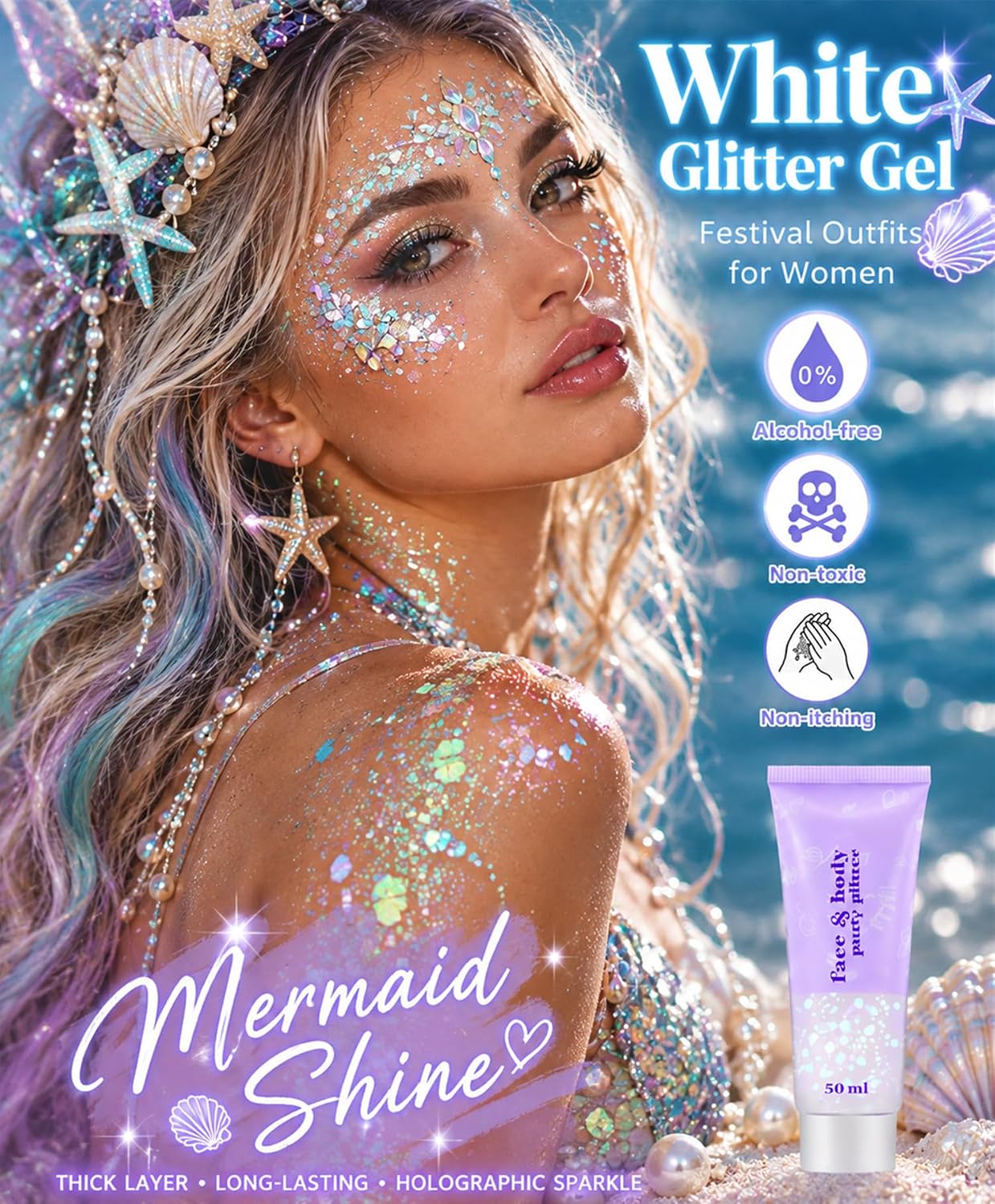 Detalle de Go Ho Clear White Face & Body Glitter Gel (Holographic Chunky Sequins) for Party, Rave, and Halloween Makeup