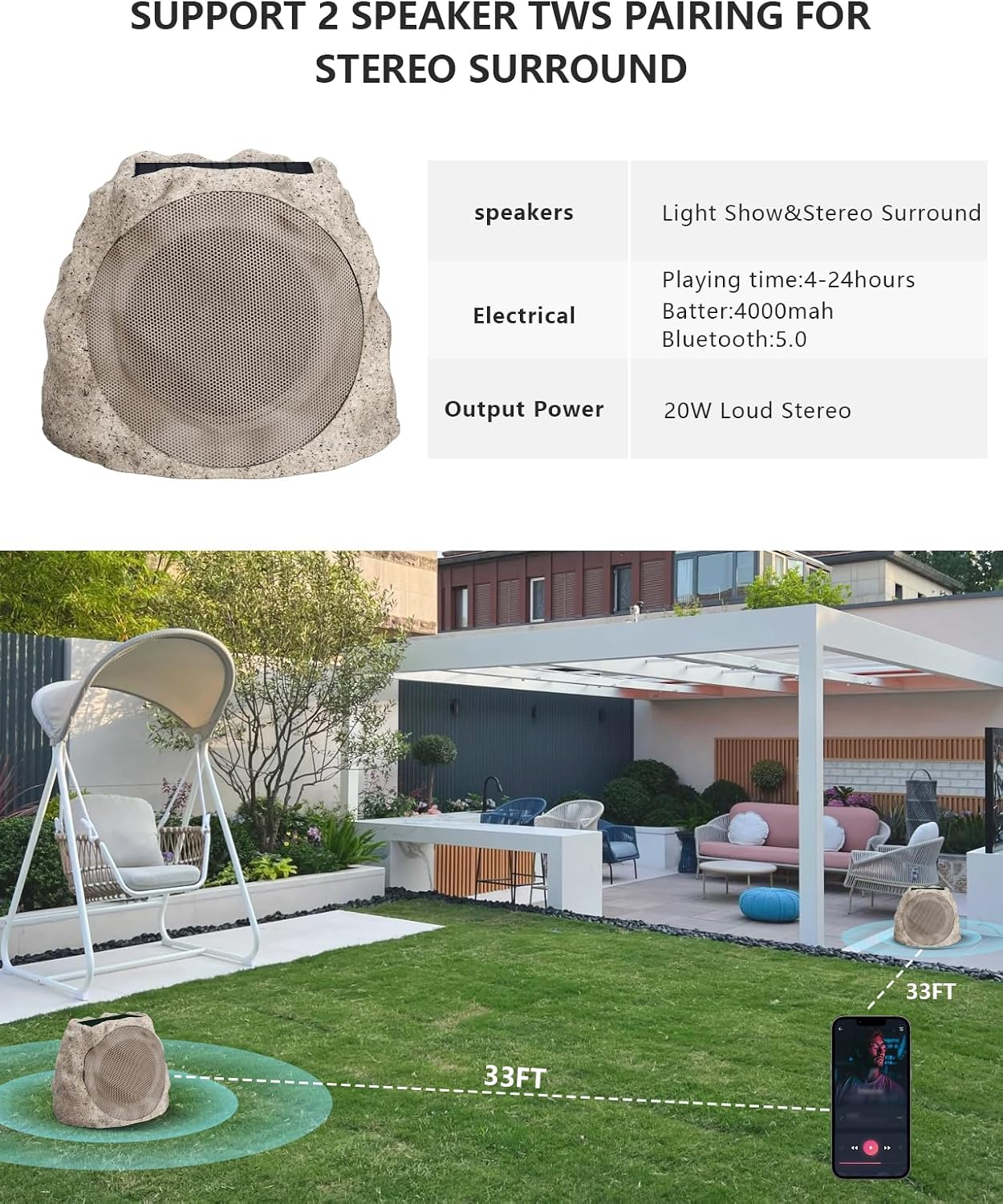 Detalle de JMJEAN Outdoor Bluetooth Speakers (2 Pack) — Solar-Powered, Waterproof Rock Speakers for Patio & Backyard