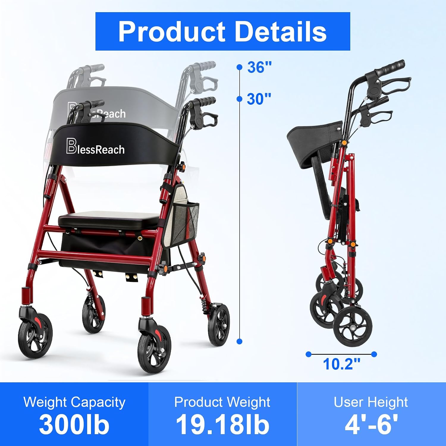 Detalle de BlessReach WB-2411 Rollator Walker with Seat, Red, 300 lb Capacity