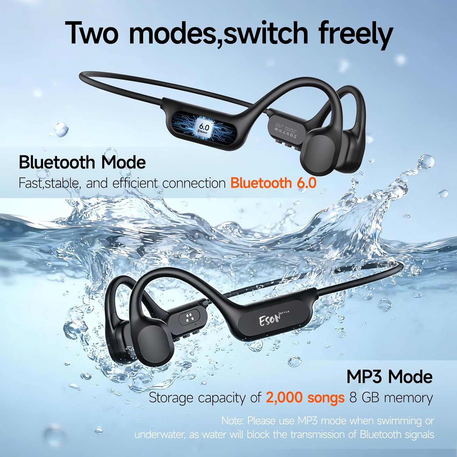 Detalle de esonstyle Kopfhörer Schwimmen Bluetooth 6.0 – IP68, Knochenschall, 8 GB MP3-Player