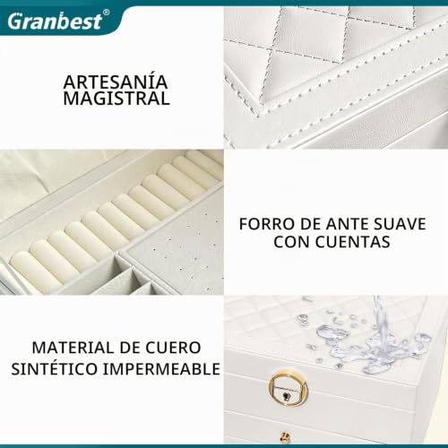 Thumbnail 3 de Granbest Joyero de 3 capas con 2 cajones – joyero de piel elegante para collares, pulseras, anillos y pendientes (blanco)