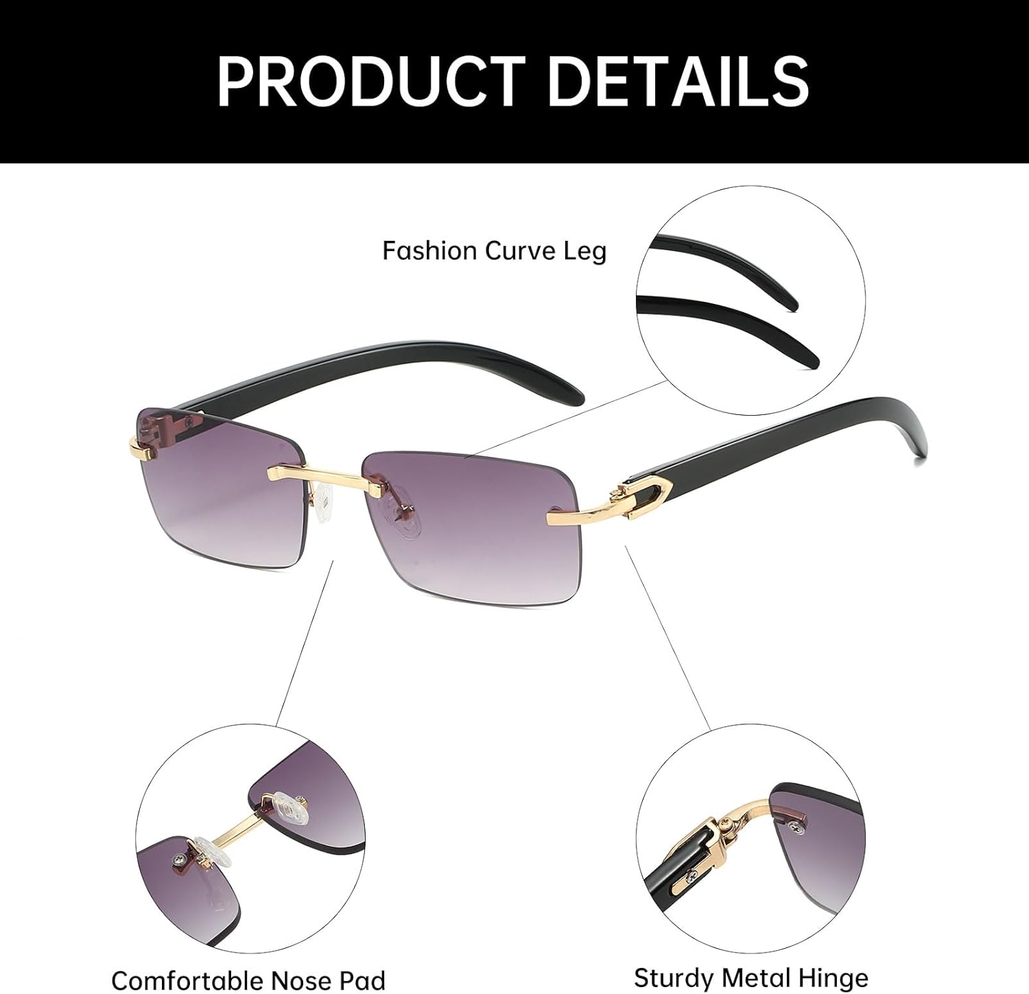 Detalle de YAMEIZE Trendy Rimless Metal Rectangle Sunglasses – UV400 Protection, Unisex
