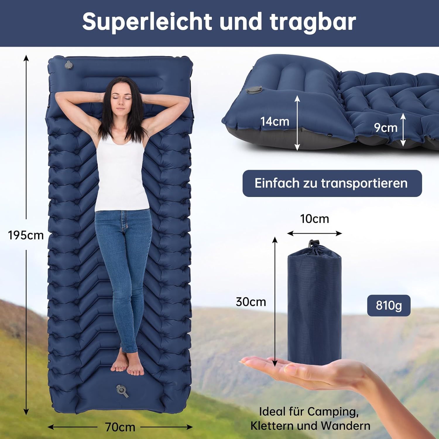 Thumbnail 1 de HAUSPROFI Isomatte Camping – ultraleicht, 9 cm dick, Fußpumpe, Kissen, blau