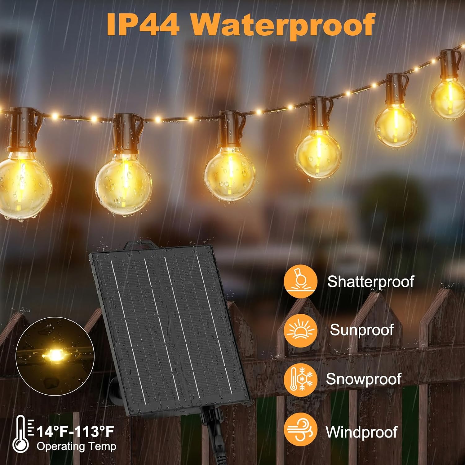 Detalle 2 de Catena Luminosa Solare per Esterno 20m 25+1 G40 – Luci LED IP44 per Giardino e Terrazza