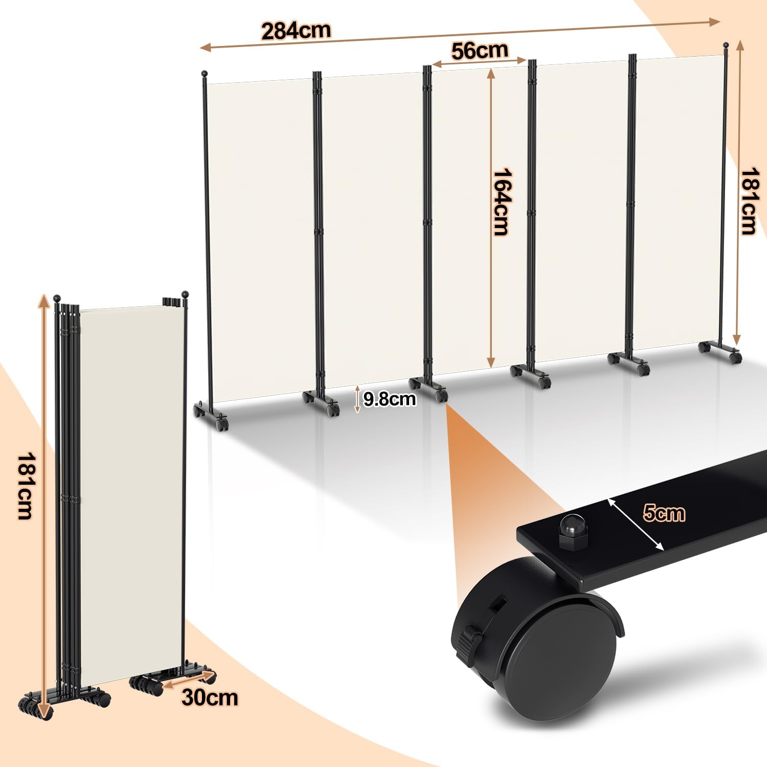 Thumbnail 1 de Vigevee faltbarer Raumteiler mit Rollen, 5-teilig (284 × 181 cm) – Paravent auf Stoff, beige