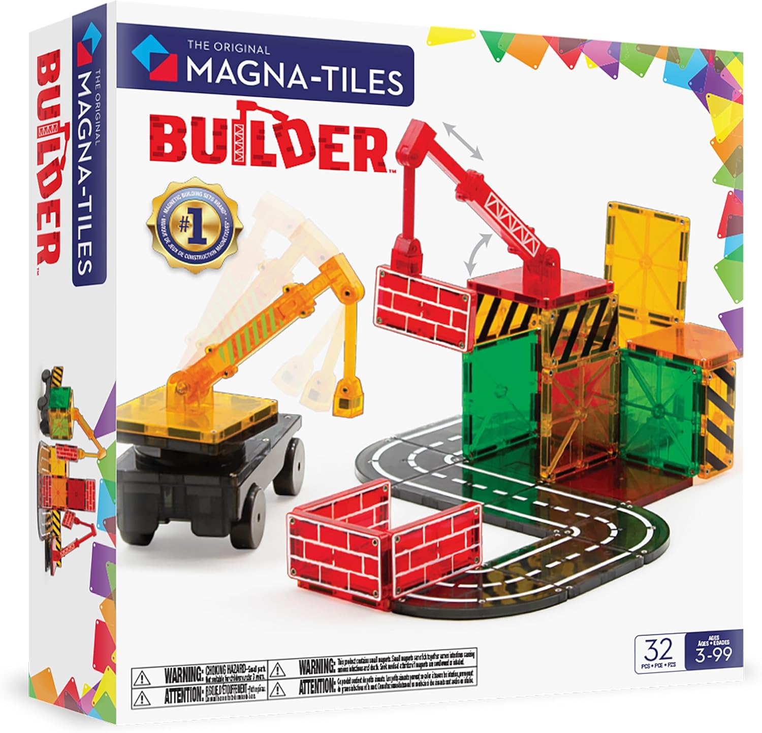 Detalle de Magna-Tiles Builder 21632 – magnetyczny zestaw konstrukcyjny, 32 elementy z żurawiami
