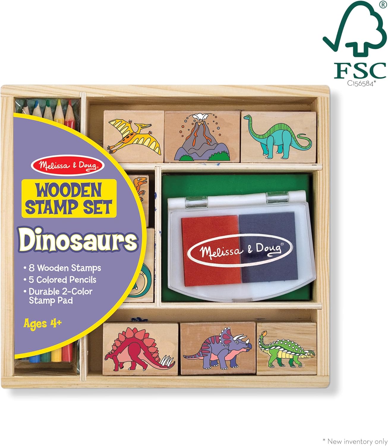 Detalle de Melissa & Doug Jeu de Timbres Dinosaure en Bois – 9 timbres, tampon d’encre bicolore et 5 crayons