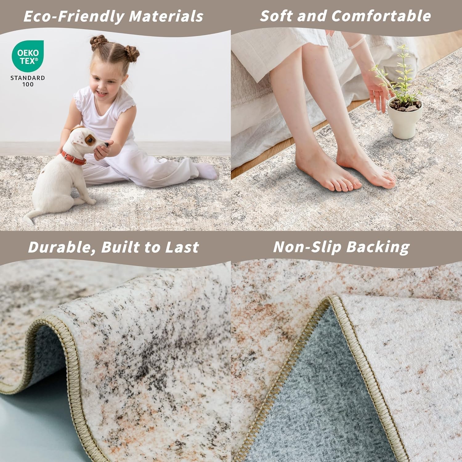 Detalle de 3x8 Washable Non-Slip Runner Rug – Modern Abstract Neutral Beige Grey